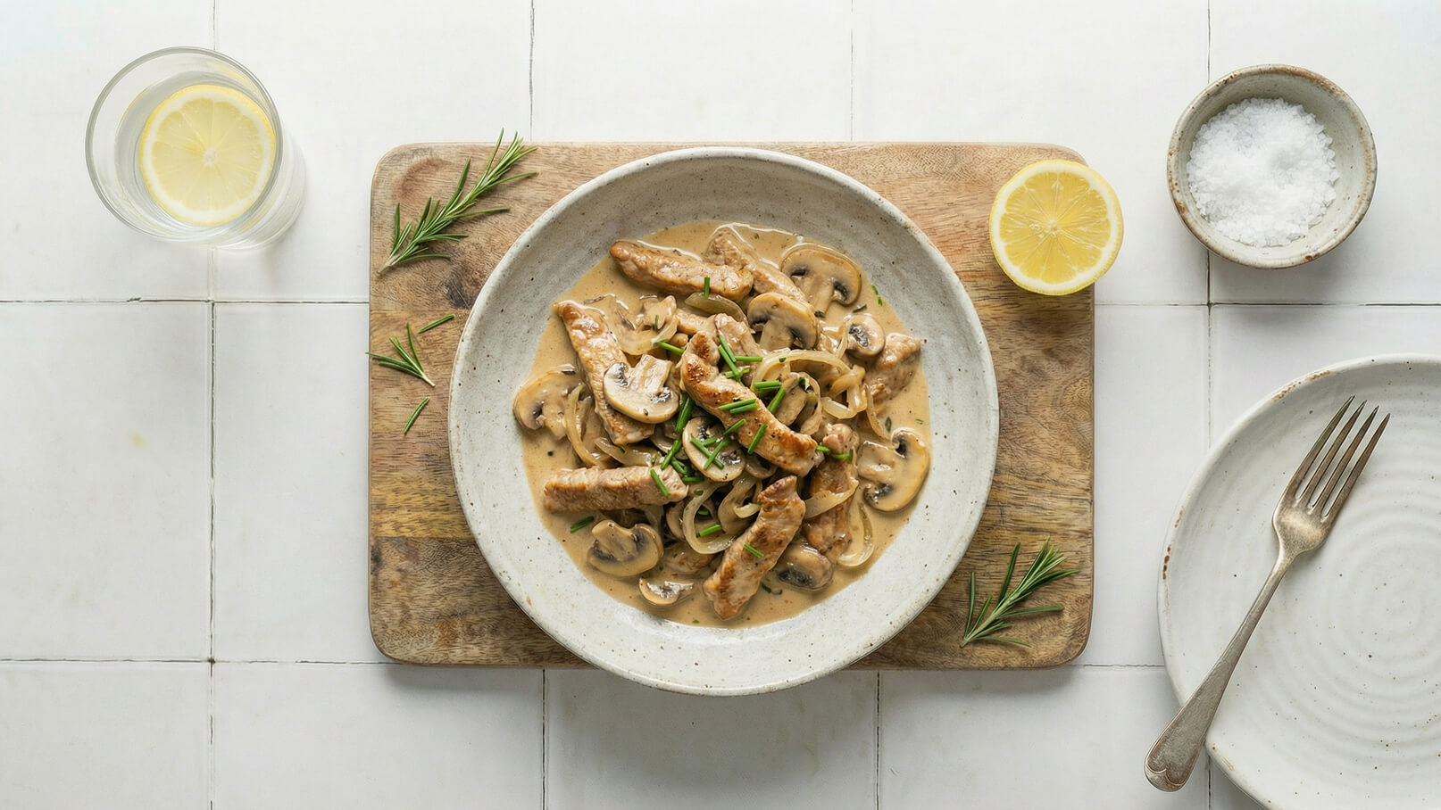 Ein gefüllter Teller mit einer cremigen Pilzsoße, zarten Fleischstreifen und frischem Schnittlauch. Daneben ein Holzbrett mit einem Glas Wasser, einer Zitronenscheibe und einer Schüssel mit grobem Salz. Im Hintergrund ein weißer Teller mit einer Gabel.