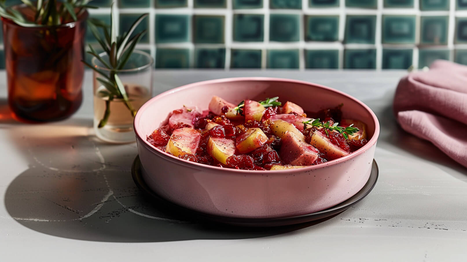 Eine rosa Schüssel enthält eine bunte Mischung aus geschnittenem Obst, darunter Apfelstücke und Beeren, garniert mit frischen Kräutern. Die Schüssel steht auf einer hellen Tischoberfläche, umgeben von dekorativen Elementen wie Blumenvasen.