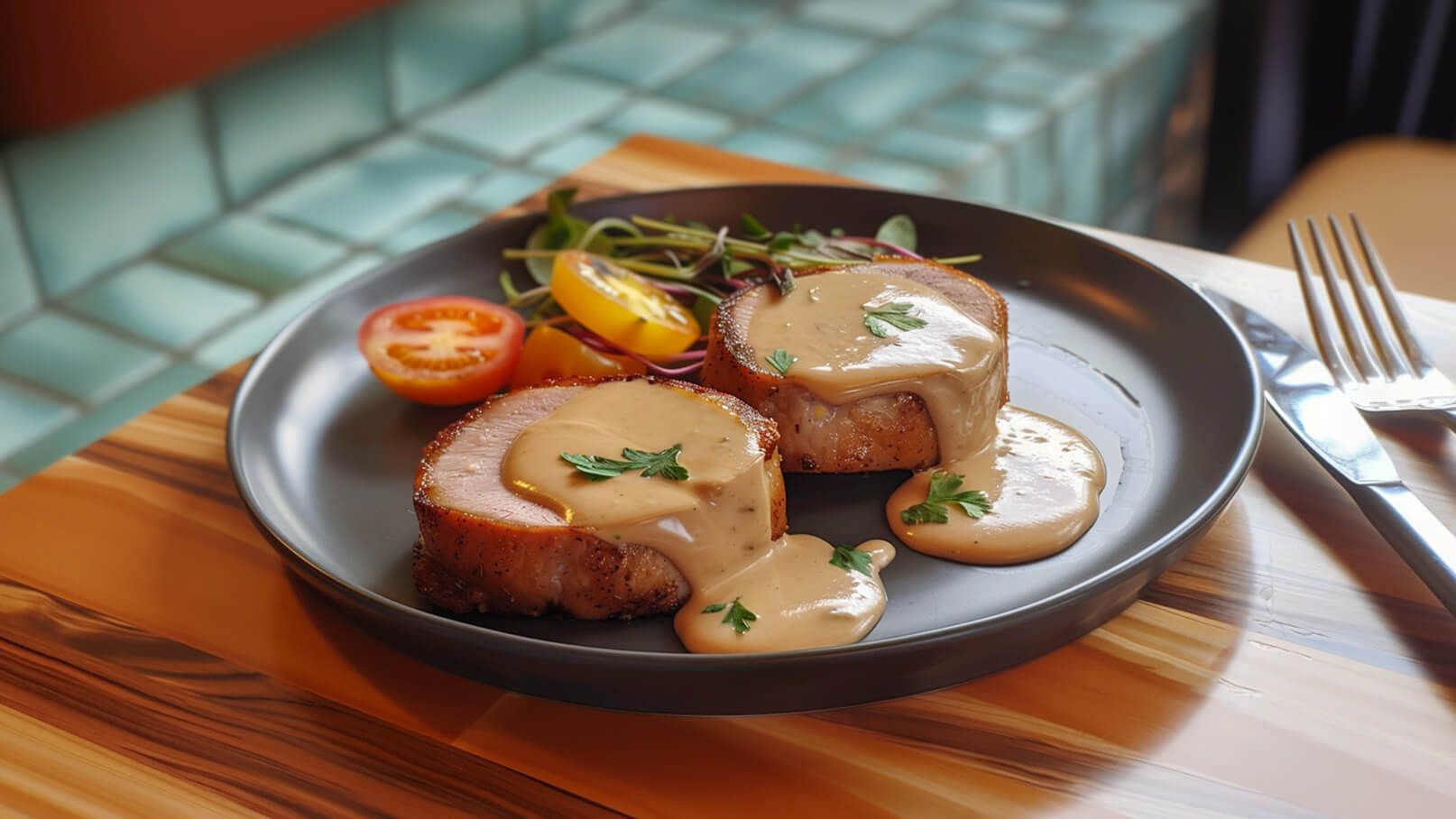 Auf einem schwarzen Teller liegen zwei Scheiben Schweinefleisch, bedeckt mit einer cremigen Sauce und garniert mit frischer Petersilie. Daneben befinden sich bunte, halbierte Cherrytomaten und etwas Grün. Der Hintergrund zeigt eine moderne Umgebung.