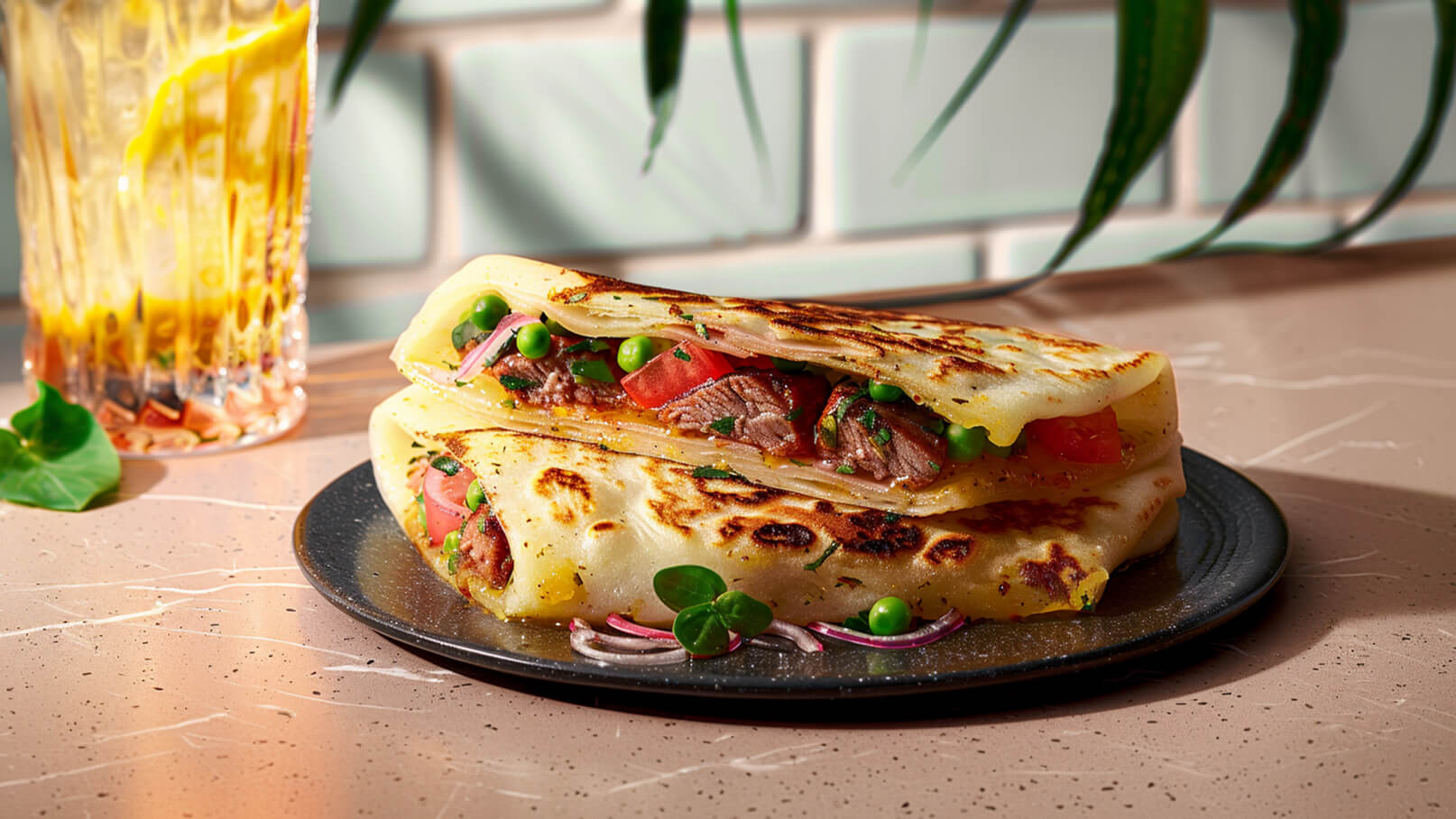 Zwei gefüllte Tortillas liegen auf einem schwarzen Teller. Die Tortillas sind mit Fleisch, grünen Erbsen, Tomaten und Kräutern gefüllt. Im Hintergrund ist ein Glas mit einem Getränk sichtbar. Der Tisch hat eine helle, marmorierte Oberfläche.