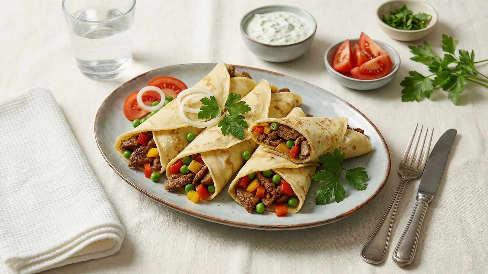 Ein Teller mit gefüllten Fladenbroten, die mit Fleisch und buntem Gemüse gefüllt sind. Neben dem Teller befinden sich frische Tomatenscheiben, Zwiebelringe und eine kleine Schüssel mit Joghurt. Ein Glas Wasser und Besteck liegen ebenfalls daneben.