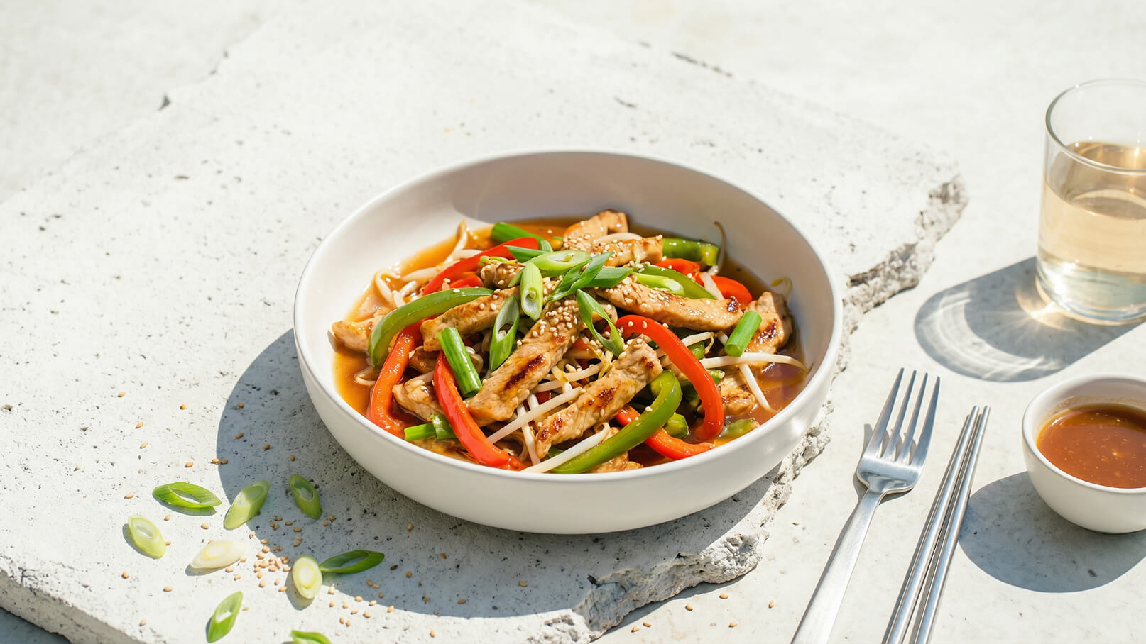 Eine Schüssel mit buntem Gemüse, Fleischstreifen und Soja-Sauce. Darin sind rote und grüne Paprika, Sprossen und Frühlingszwiebeln. Im Hintergrund steht ein Glas Wasser und eine kleine Schüssel mit einer dunklen Sauce.