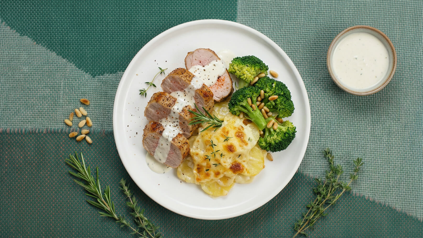 Auf einem weißen Teller liegen Scheiben von gebratenem Fleisch, garniert mit einer cremigen Sauce. Daneben befinden sich durchgegarter Brokkoli mit Pinienkernen und ein Auflauf aus Kartoffeln. Ein kleines Schälchen mit einer weiteren Sauce ist sichtbar. Der Hintergrund ist in sanften Grüntönen.