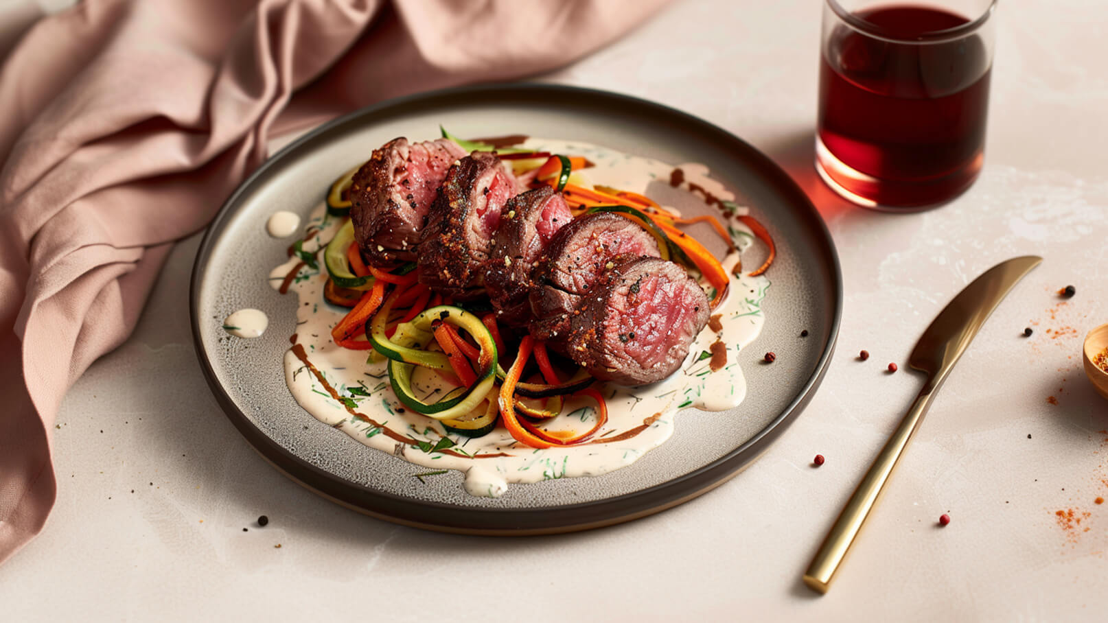 Ein Teller mit zartem, rosa gebratenem Fleisch, angerichtet auf einem Bett aus bunten Gemüsen wie Zucchini und Karotten. Die Speise ist mit einer cremigen Sauce verziert und wird von einem Glas rotem Getränk und einem goldenen Messer begleitet.