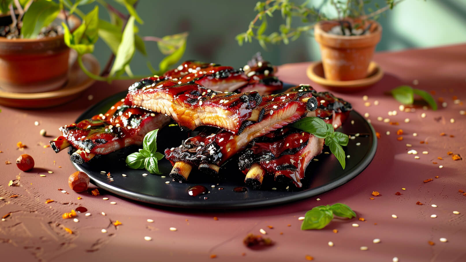 Ein schwarzer Teller liegt auf einem rosa Tisch und ist mit saftigen, glasierten Rippchen belegt. Die Rippchen sind mit einer glänzenden Sauce überzogen und mit Sesam und frischem Basilikum garniert. Einige Gewürze sind um den Teller verteilt, was das Gericht ansprechend präsentiert.