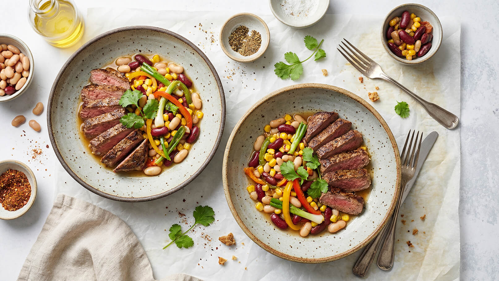 Zwei Teller mit einem bunten Gemüse-Bohnen-Mix, garniert mit frischem Koriander. Auf jedem Teller liegt zartes, in Scheiben geschnittenes Steak. Daneben sind kleine Schalen mit Bohnen und Gewürzen sowie Besteck zu sehen.