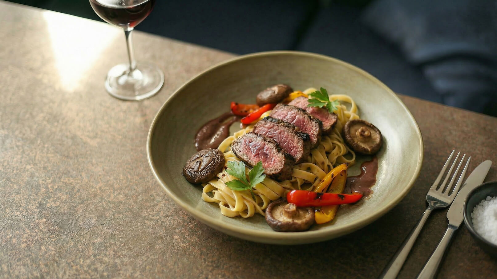 Ein Teller mit Pasta, belegt mit saftigem, in Scheiben geschnittenem Rindersteak, dazu sautierte Pilze und bunte Paprikastreifen. Das Gericht ist mit frischer Petersilie garniert und neben einem Glas Rotwein auf einem Tisch angerichtet.