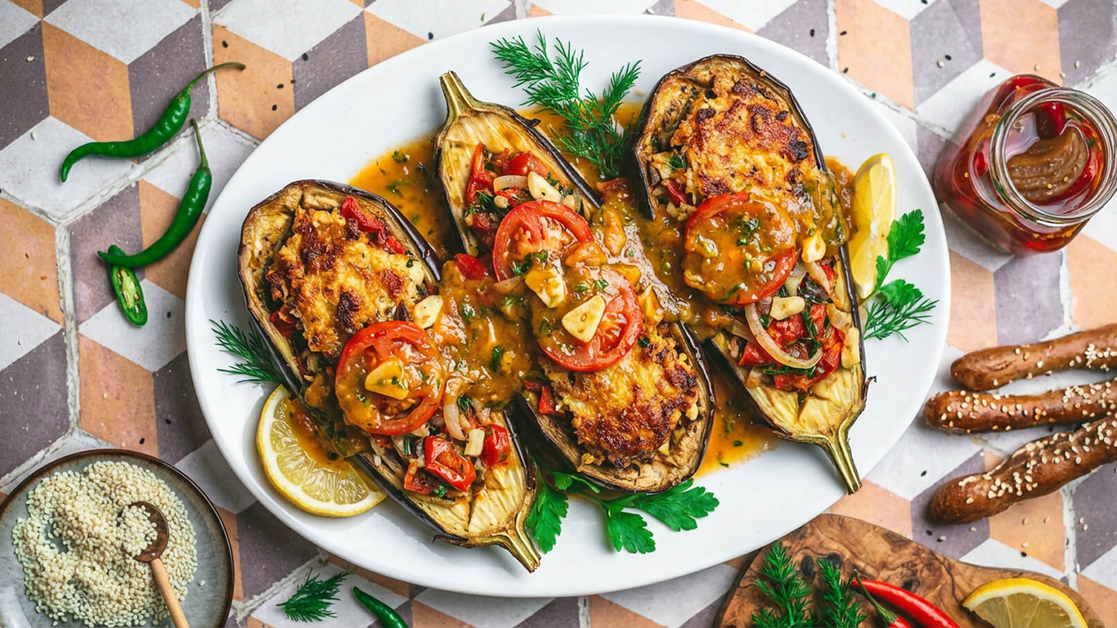 Ein Teller mit gefüllten Auberginen, die mit Tomaten, Zwiebeln, und einer Sauce dekoriert sind. Die Auberginen sind goldbraun gebacken und werden von frischen Kräutern und Zitronenscheiben begleitet. Im Hintergrund sind grüne Chilischoten und schlecht sichtbare Begleitgerichte zu erkennen.
