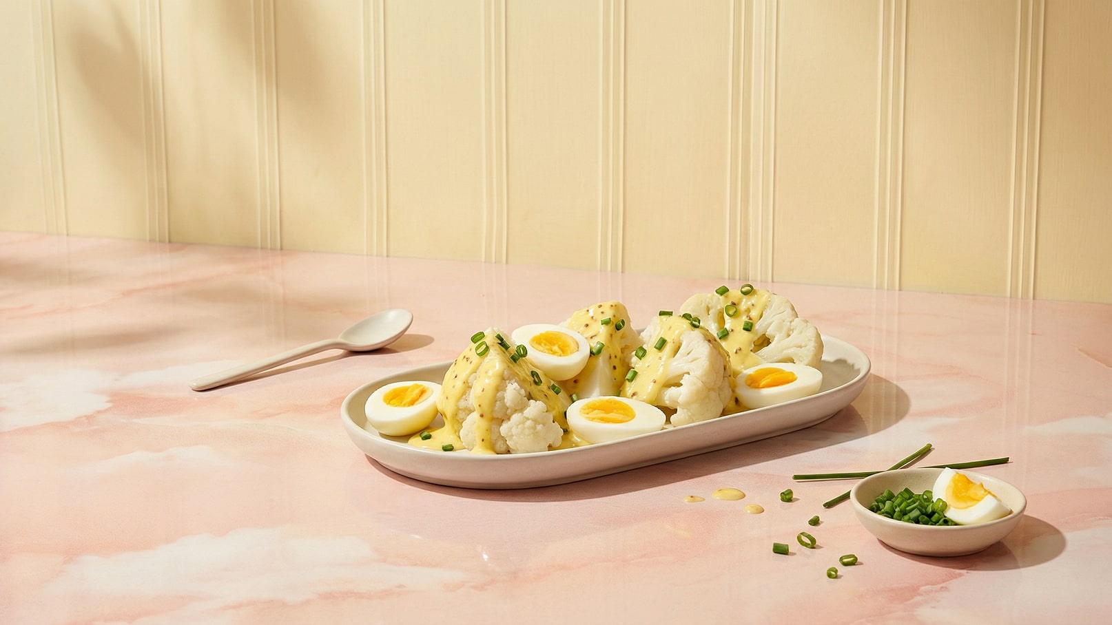 Ein ovaler Teller enthält Blumenkohlstücke, die mit einer cremigen Sauce überzogen sind. Auf dem Teller liegen halbierte, weichgekochte Eier und gehackter Schnittlauch. Neben dem Teller steht eine kleine Schüssel mit weiteren Schnittlauchstücken und einem halben Ei. Der Hintergrund ist hell und schlicht.