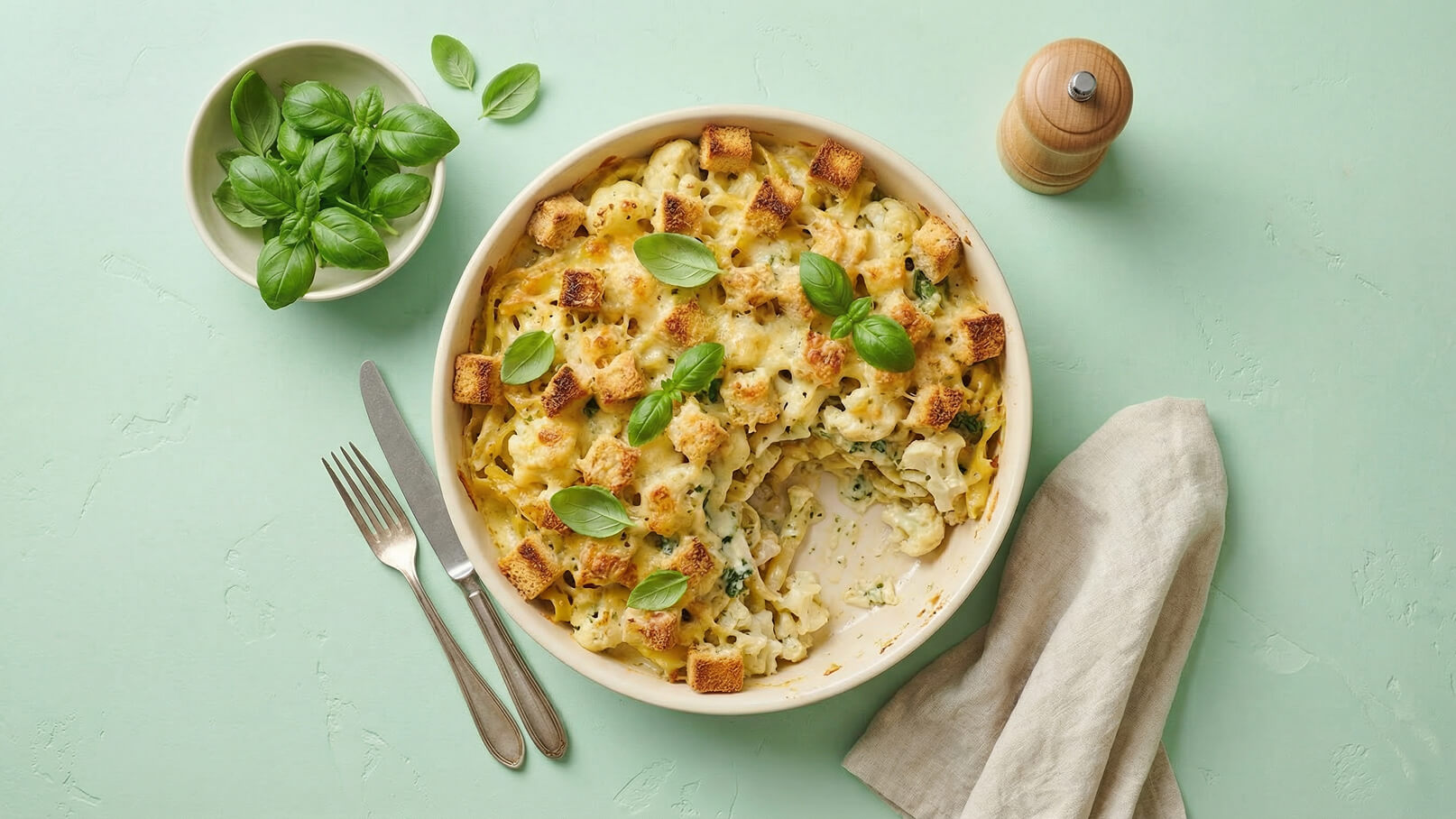 Ein Auflauf mit Nudeln und Käse, garniert mit frischem Basilikum und knusprigen Brotstücken. Der Teller liegt auf einem mintgrünen Tisch, daneben ein kleiner Schälchen mit weiteren Basilikumblättern und Besteck.