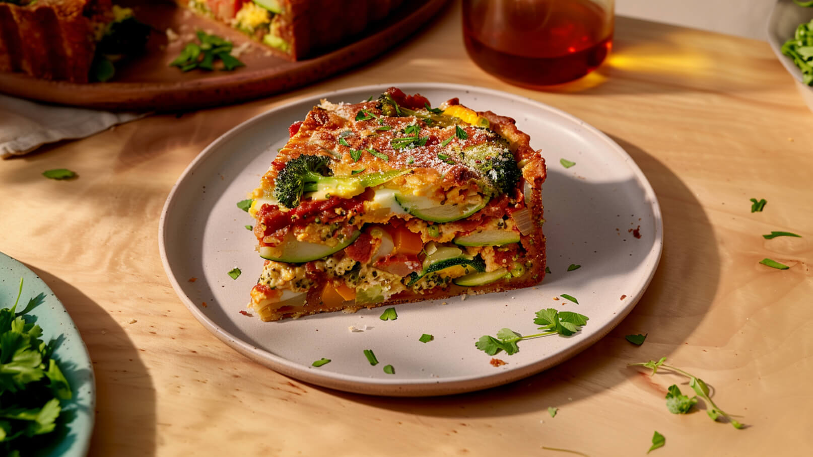 Ein Stück Gemüse-Quiche auf einem hellen Teller, garniert mit frisch gehackten Kräutern. Die Quiche zeigt Schichten von buntem Gemüse wie Brokkoli und Zucchini und ist in einer goldbraunen, knusprigen Kruste gebacken. Hintergrund zeigt Holzoberfläche mit einem weiteren Gericht.