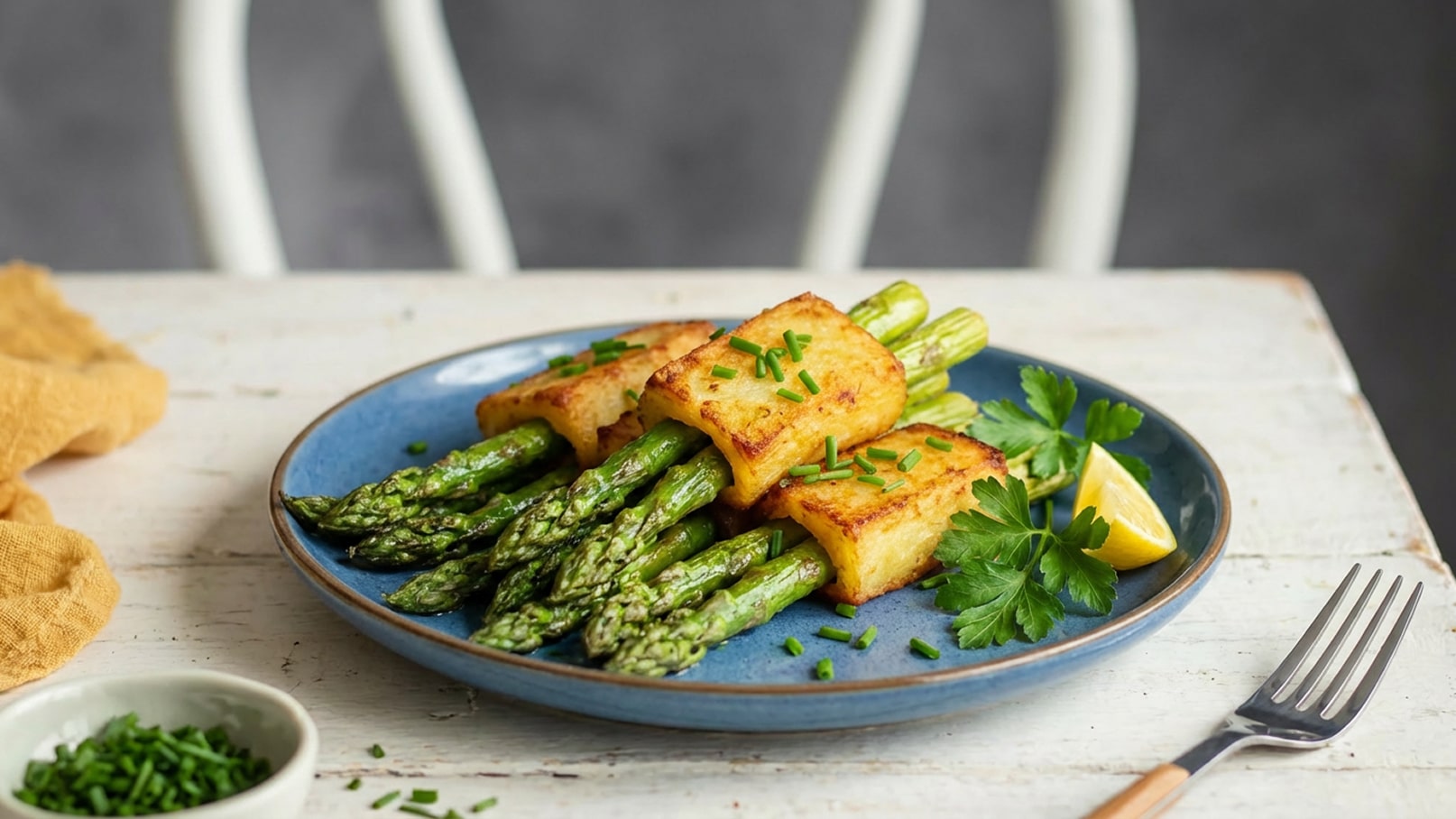 Auf einem blauen Teller liegt frisch zubereiteter Spargel, garniert mit Schnittlauch und Petersilie. Daneben sind gebratene Kartoffelstücke und eine Zitronenscheibe platziert. Der Hintergrund ist unscharf, wodurch die Speisen im Vordergrund hervorgehoben werden.