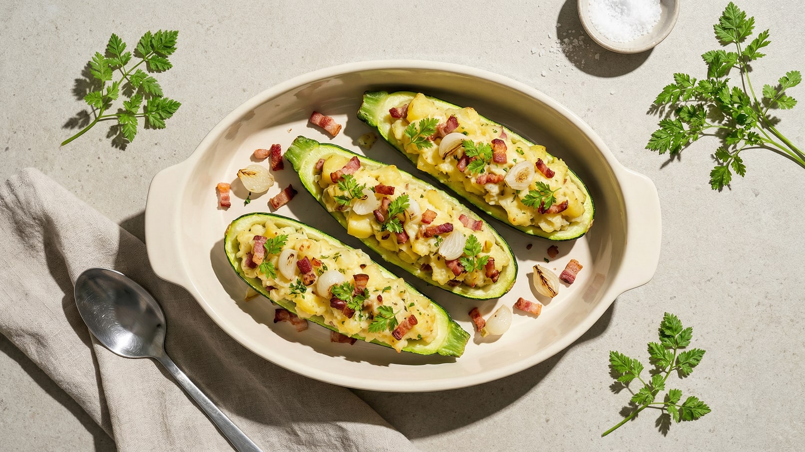 Ein ovaler Teller mit drei gefüllten Zucchinihälften, die mit einer Mischung aus Kartoffeln, Zwiebeln und Speck belegt sind. Frische Kräuter dekorieren die Zucchini. Ein wenig Salz liegt neben dem Teller, auf einer grauen Tischoberfläche.