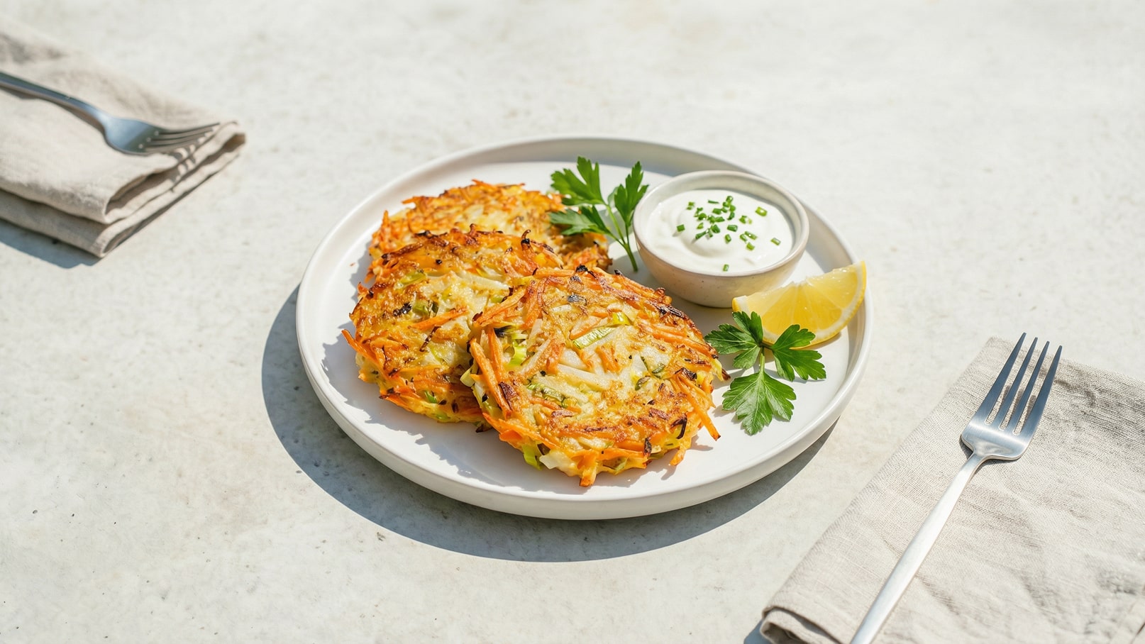 Auf dem Teller liegen drei goldbraune Kartoffelpuffer, garniert mit frischer Petersilie. Neben den Puffern befindet sich eine kleine Schüssel mit saurer Sahne, dekoriert mit Schnittlauch, sowie ein Stück Zitrone. Der Hintergrund ist hell und unauffällig.