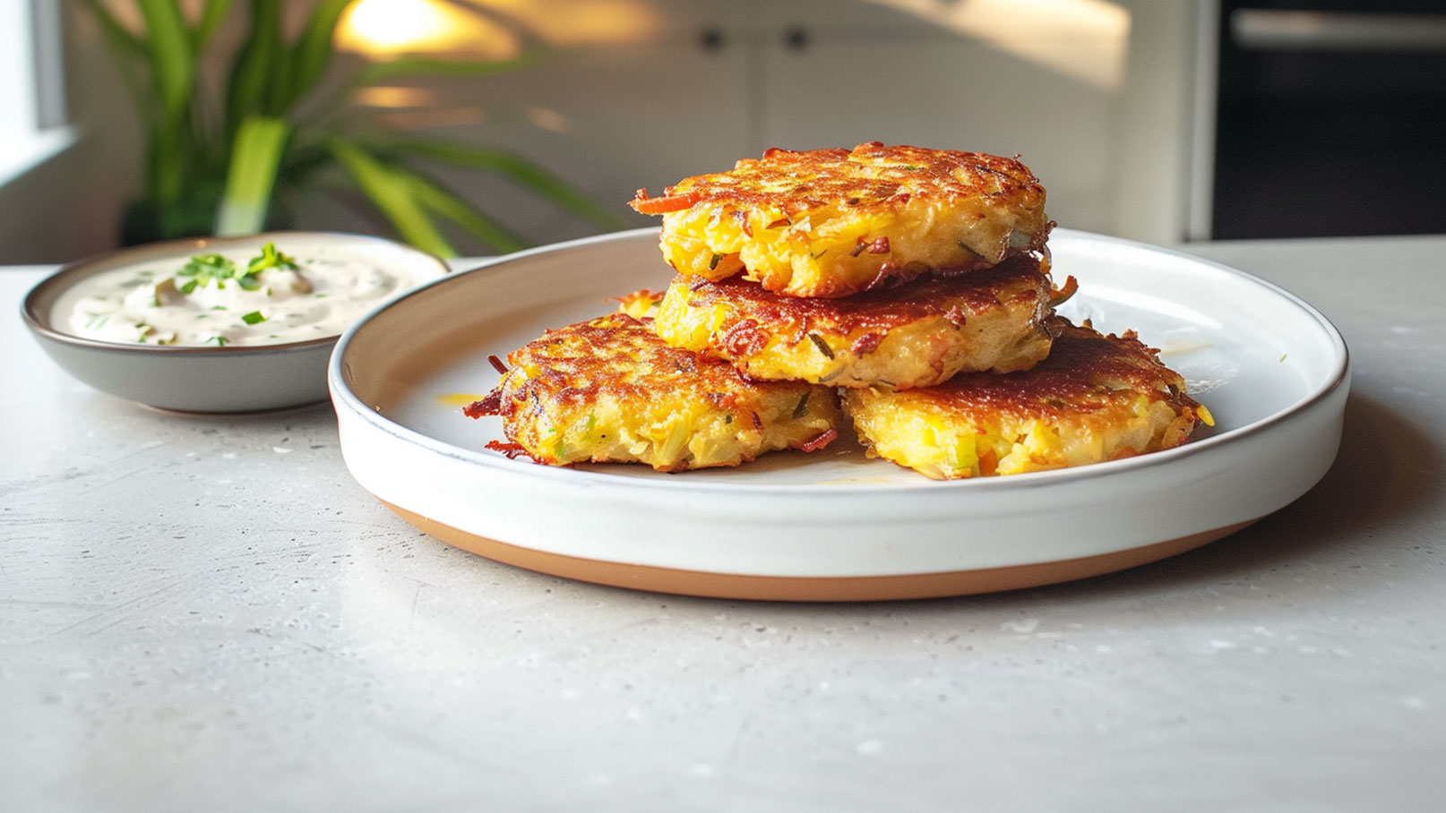 Auf einem Teller liegen mehrere knusprige Kartoffelpuffer übereinander gestapelt. Daneben befindet sich eine kleine Schüssel mit einer cremigen Sauce, die mit grünen Kräutern garniert ist. Der Hintergrund zeigt undeutliche Pflanzen und Lichtquellen.