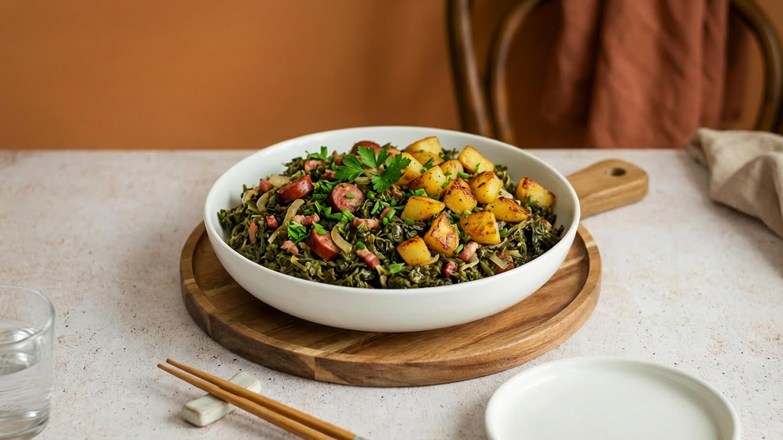 Eine weiße Schüssel mit einer Mischung aus grünen Blättern, Wurststücken und angebratenen Kartoffeln. Die Speise ist mit frischer Petersilie garniert und steht auf einem Holzuntersetzer. Im Hintergrund ist eine einfache, neutrale Tischoberfläche zu sehen.