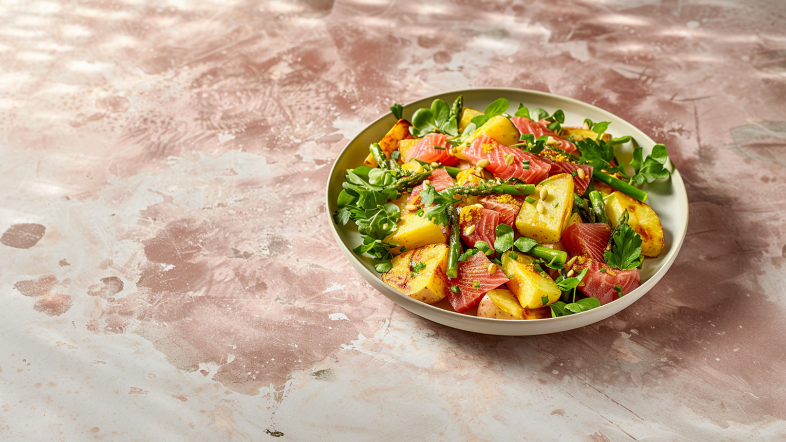 Ein Teller mit buntem Salat, der aus gegrillten Kartoffeln, frischem Spargel, Rote-Bete-Stücken und verschiedenen grünen Blättern besteht. Der Salat ist mit Nüssen und Kräutern garniert und spricht durch seine Farben und Texturen an. Der Hintergrund ist sanft in Rosatönen gehalten.