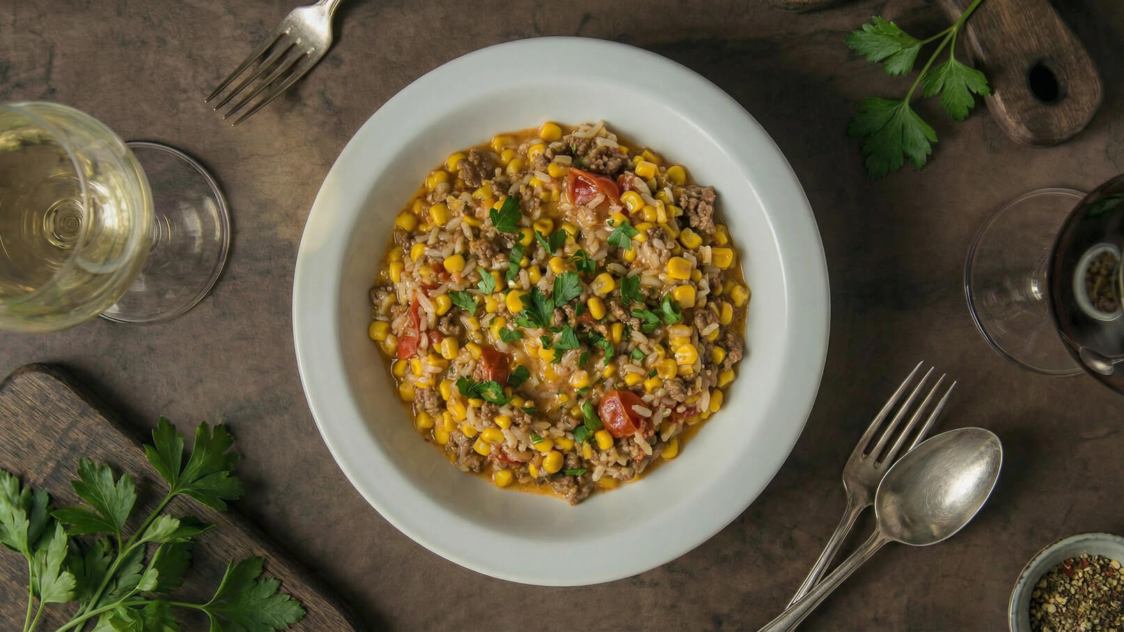 Ein Teller mit einem herzhaften Gericht aus Reis, Mais, gehacktem Fleisch und Tomaten, garniert mit frischer Petersilie. Im Hintergrund sind Weingläser und Besteck sichtbar, die eine einladende Atmosphäre schaffen.