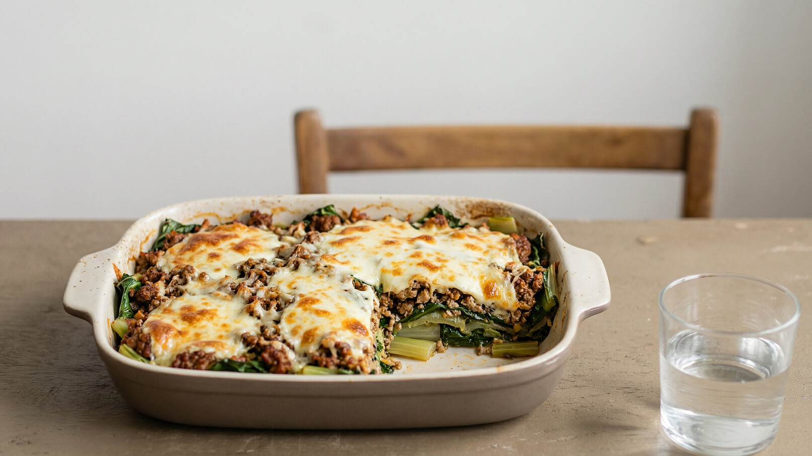 Ein Auflauf mit einer Schicht geschmolzenem Käse, Hackfleisch und Gemüse, serviert in einer rechteckigen Auflaufform. Daneben steht ein Glas Wasser auf einem holzfarbenen Tisch. Im Hintergrund ist ein Stuhl sichtbar.
