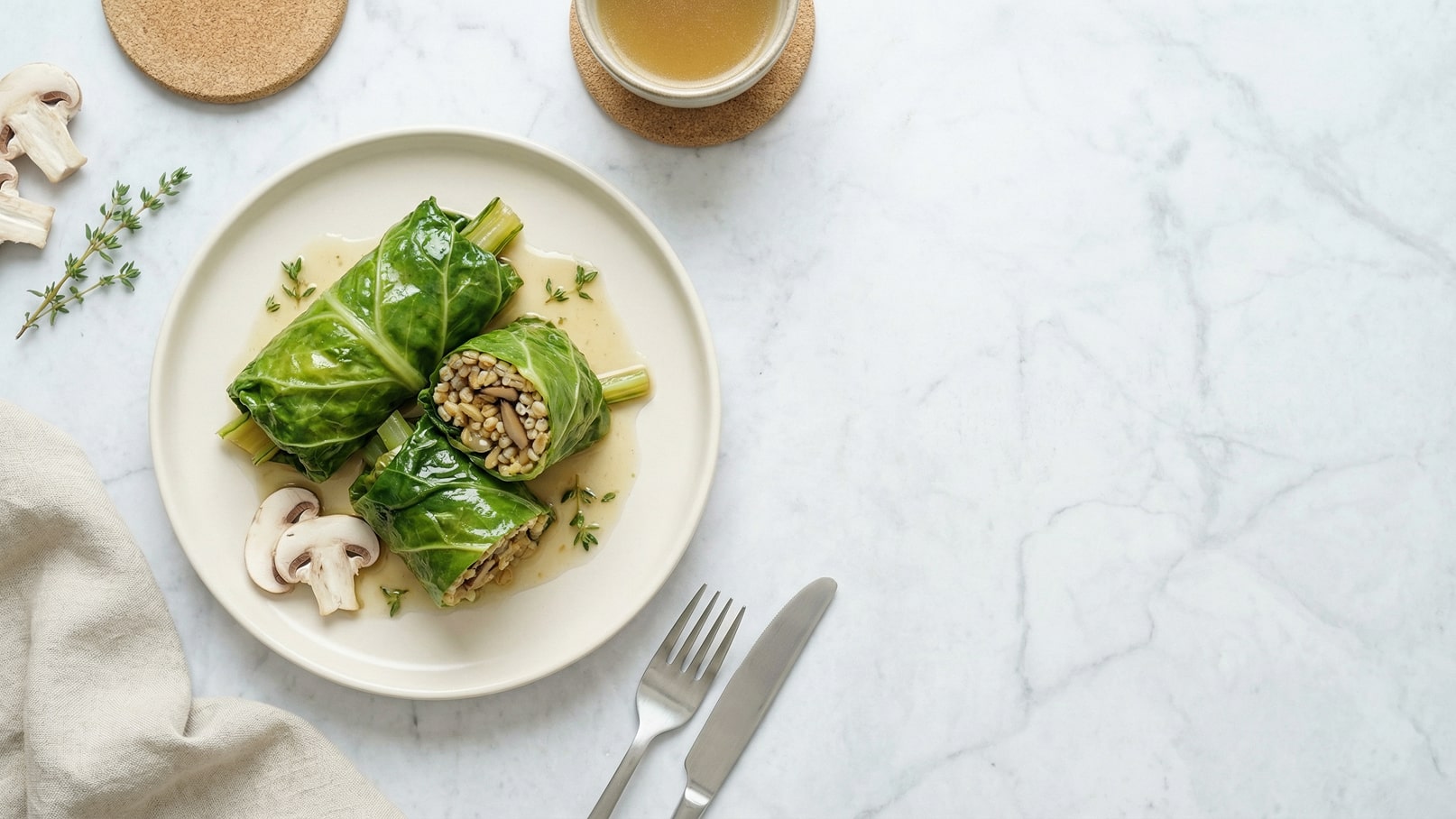 Auf dem Bild ist ein Teller mit drei gefüllten Wirsingrouladen zu sehen, die mit einer Mischung aus Getreide und Pilzen gefüllt sind. Neben den Rouladen liegen einige frische Kräuter und ein paar Scheiben Champignons. Im Hintergrund steht ein Glas Brühe.