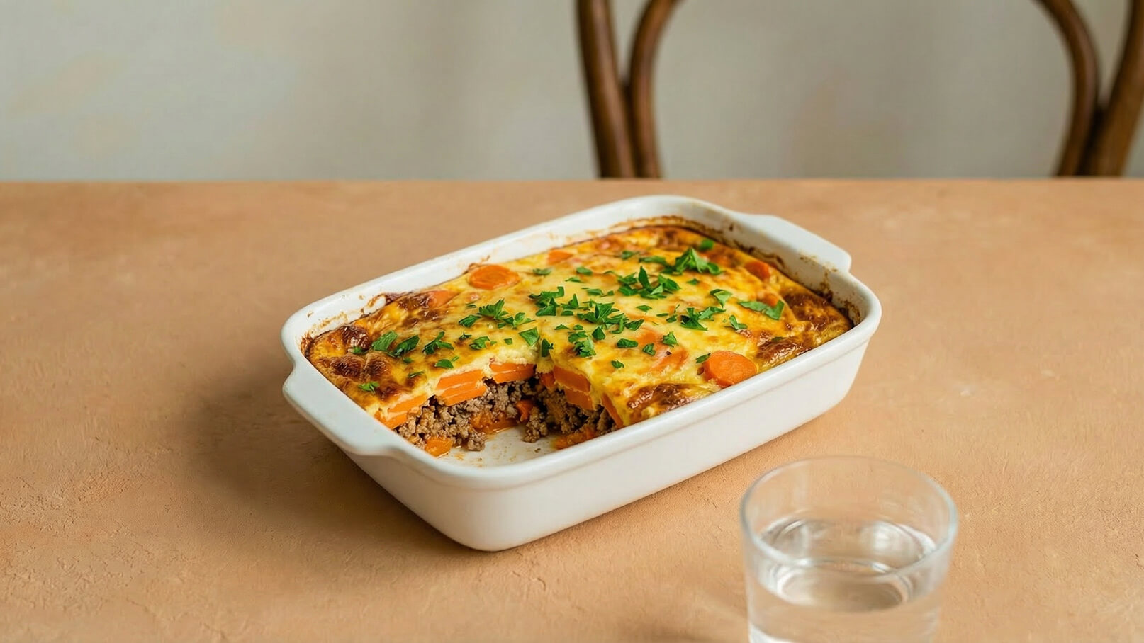 Eine Auflaufform mit einer Schicht aus Hackfleisch, Karotten und einer goldenen Käseschicht ist auf einem Tisch platziert. Frisch gehackte Petersilie ist auf dem Auflauf verteilt. Neben der Form steht ein Glas Wasser.