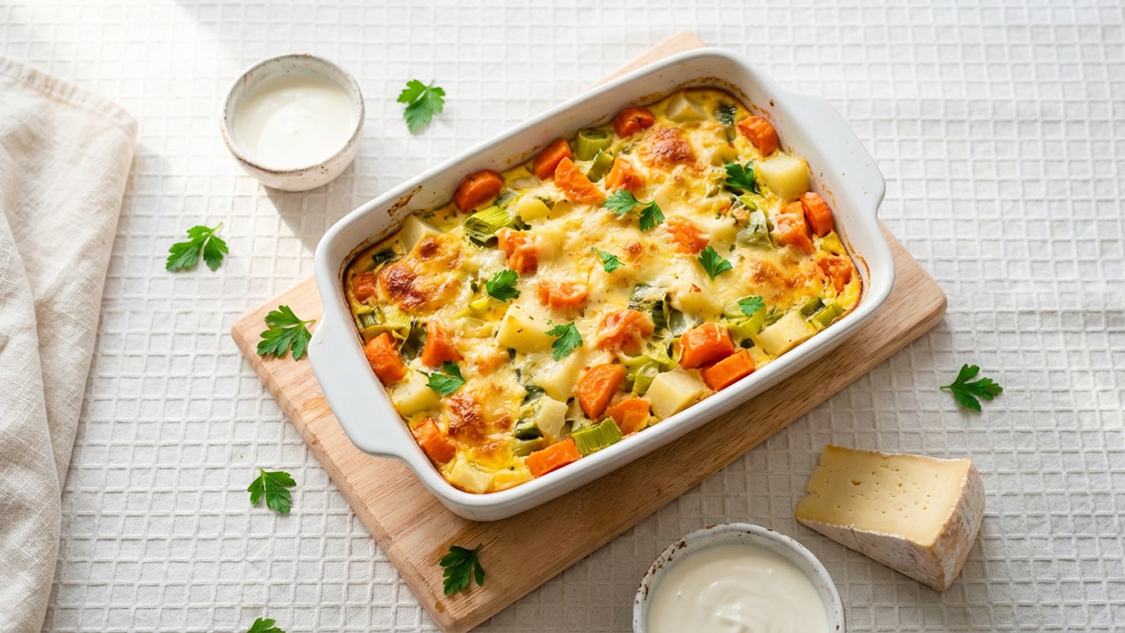 Ein Auflauf in einer weißen Backform, gefüllt mit buntem Gemüse wie Karotten und Kartoffeln, überbacken mit Käse und Kräutern. Der Auflauf steht auf einem Holzbrett, daneben ein kleiner Becher mit weißer Soße und ein Stück Käse.