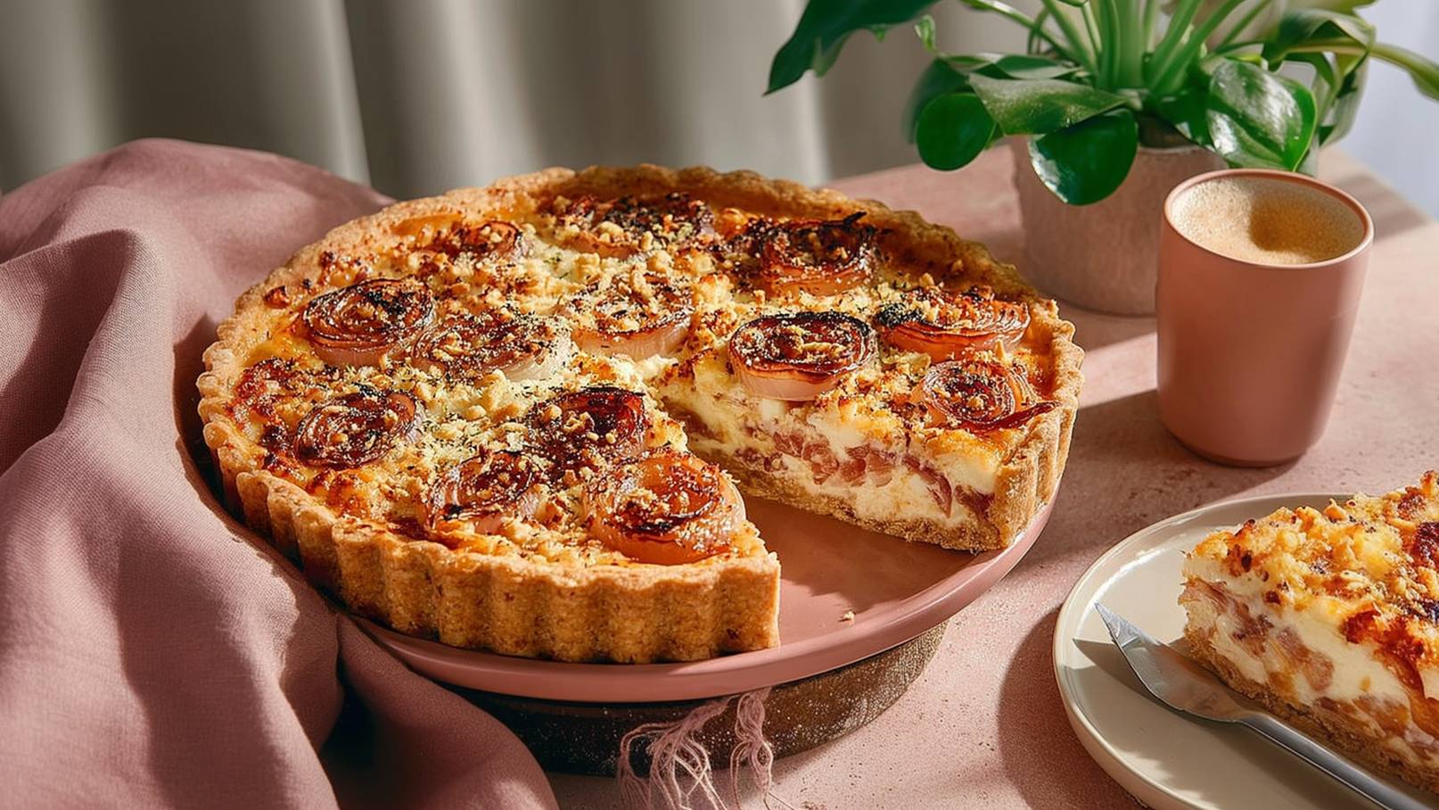 Ein frisch gebackener Quiche mit knusprigem Rand, belegt mit Tomatenscheiben und Käseschicht. Ein Stück wurde herausgeschnitten und auf einem Teller serviert. Daneben steht eine Tasse Kaffee. Der Hintergrund ist sanft und hell gestaltet.