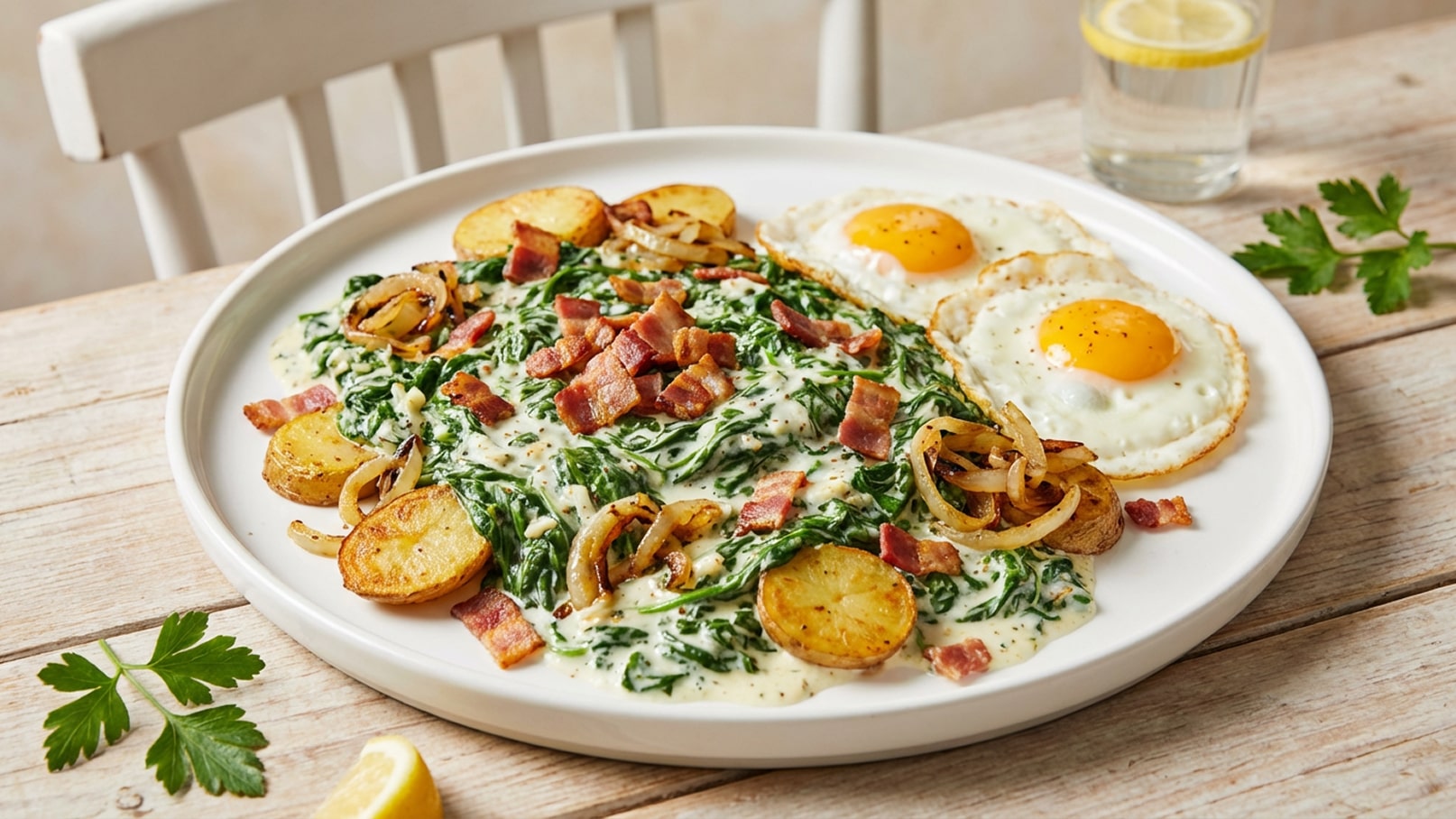 Ein Teller mit cremigem Spinat, garniert mit Speck und angebratenen Zwiebeln. Neben dem Spinat liegen knusprige Kartoffelscheiben und zwei Spiegeleier mit gelbem Eigelb. Der Teller steht auf einem Holzuntergrund, umgeben von frischer Petersilie und einem Glas Wasser.