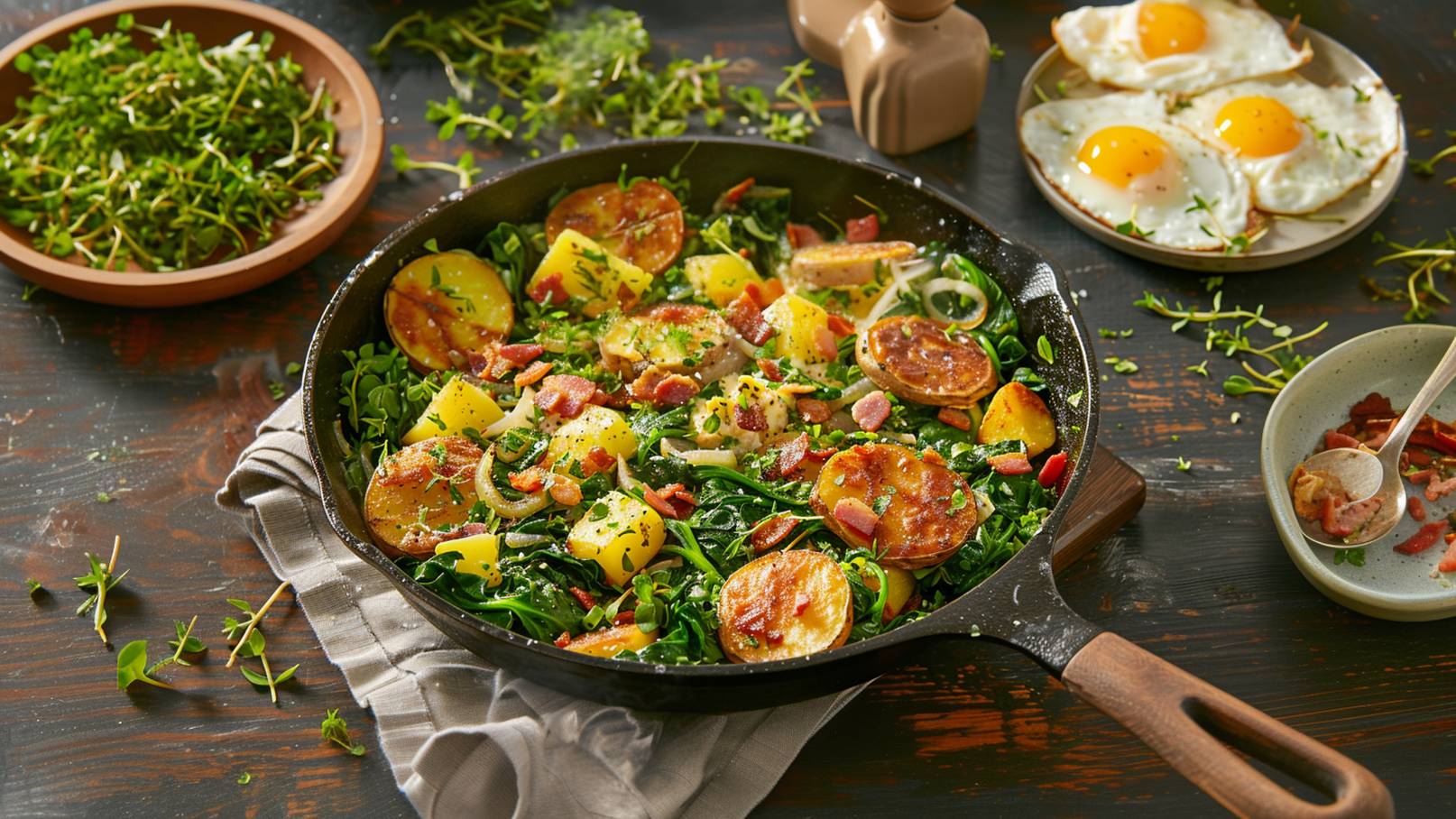 In einer gusseisernen Pfanne befindet sich ein buntes Gericht aus Spinat, Kartoffeln, Speck und Zwiebeln, garniert mit frischen Kräutern. Im Hintergrund sind einige gebratene Eier und eine Schüssel mit weiteren Zutaten zu sehen.