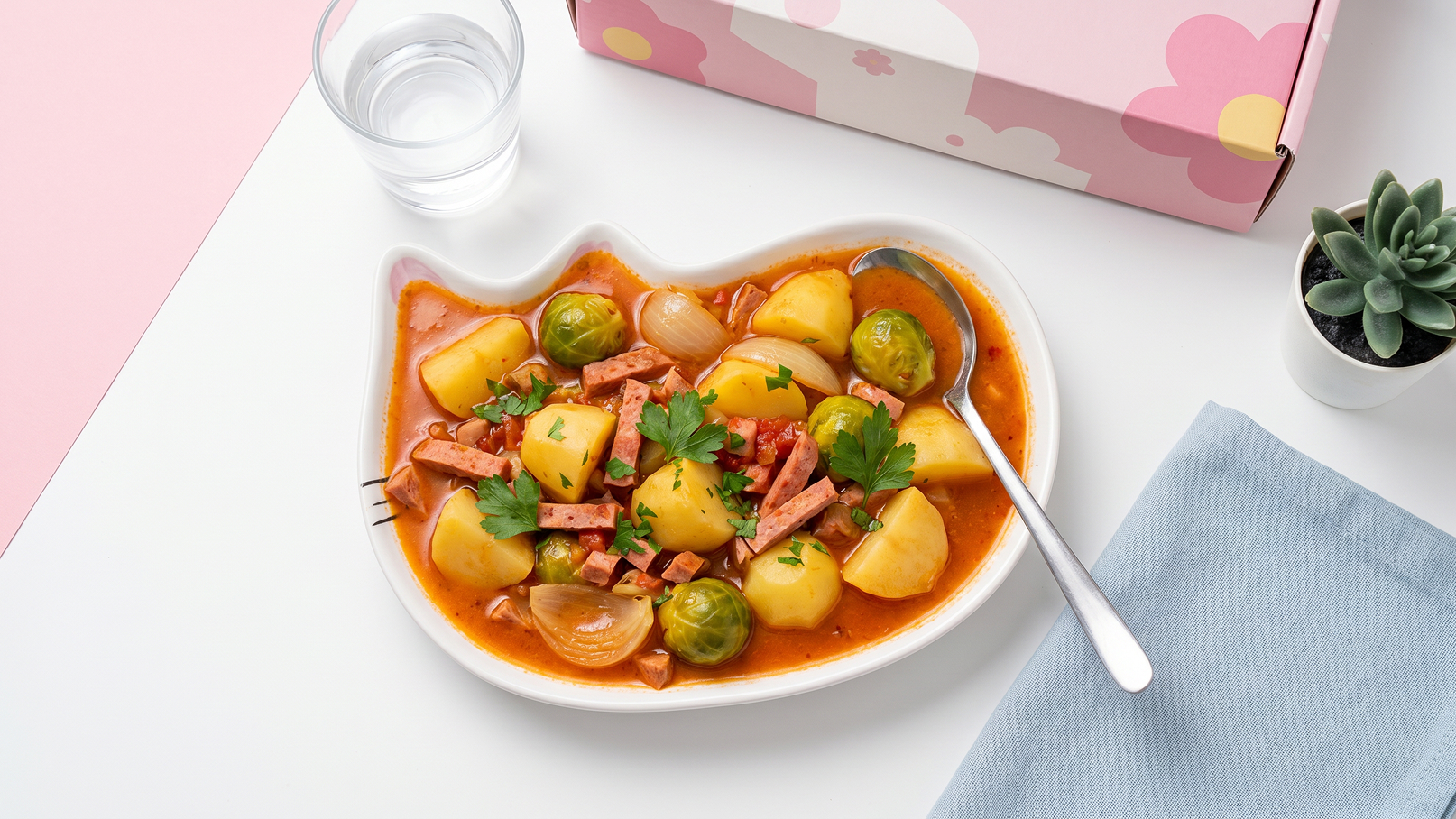 Ein Teller mit einer bunten Mischung aus Kartoffeln, Würstchen, Rosenkohl und Zwiebeln in einer würzigen Sauce. Das Essen ist mit frischer Petersilie garniert. Daneben steht ein Glas Wasser und ein kleiner Topf mit einer Pflanze.