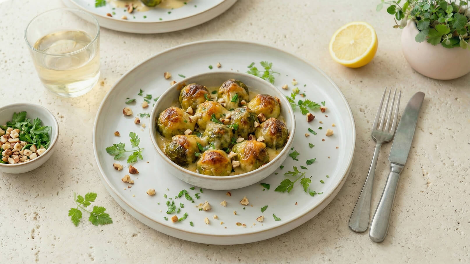 Eine Schüssel mit gebratenen Rosenkohlköpfen in einer cremigen Soße, garniert mit gehackten Nüssen und frischen Kräutern. Daneben befindet sich ein Glas Wasser und ein Teller mit frischem Koriander. Ein halbes Zitrone und Besteck sind ebenfalls zu sehen.