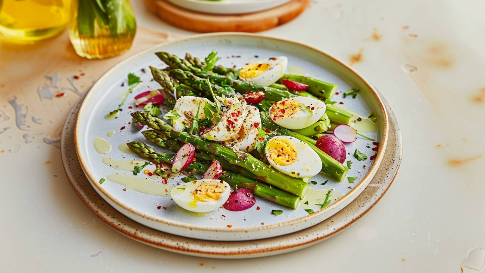 Ein Teller mit grünem Spargel und halbierten Eiern. Die Speise wird mit radieschen, frischen Kräutern und Gewürzen verfeinert. Ein Spritzer Öl rundet das Gericht ab. Der Teller steht auf einem Untersetzer, umgeben von einer ruhigen, hellen Oberfläche.