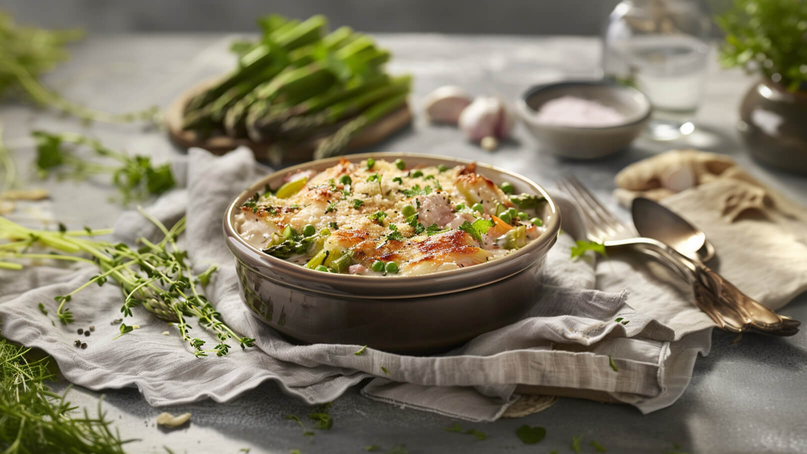 Eine Schüssel mit überbackenem Spargelgericht, garniert mit frischen Kräutern und grünen Erbsen, steht auf einem grauen Tisch. Im Hintergrund sind frische Spargelstangen und weitere Zutaten wie Knoblauch erkennbar. Die Atmosphäre wirkt einladend und appetitlich.