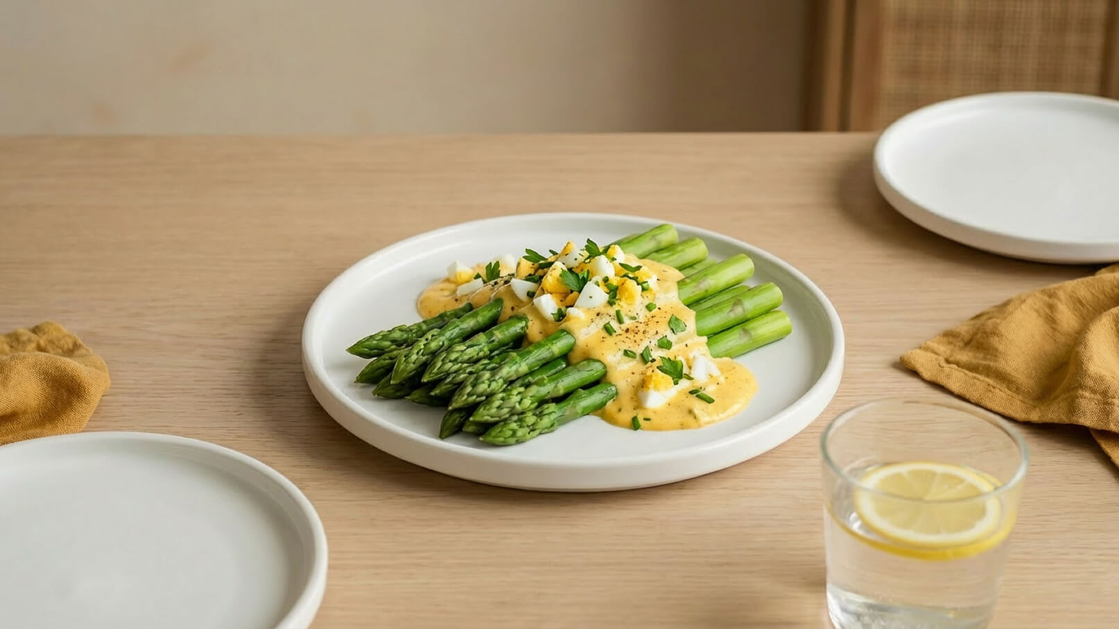 Auf dem Teller liegen grüne Spargelstangen, die mit einer cremigen Sauce und gehacktem Ei garniert sind. Die Speise ist auf einem weißen Teller serviert, umgeben von einem hölzernen Tisch und einem Glas Wasser mit Zitronenscheibe.