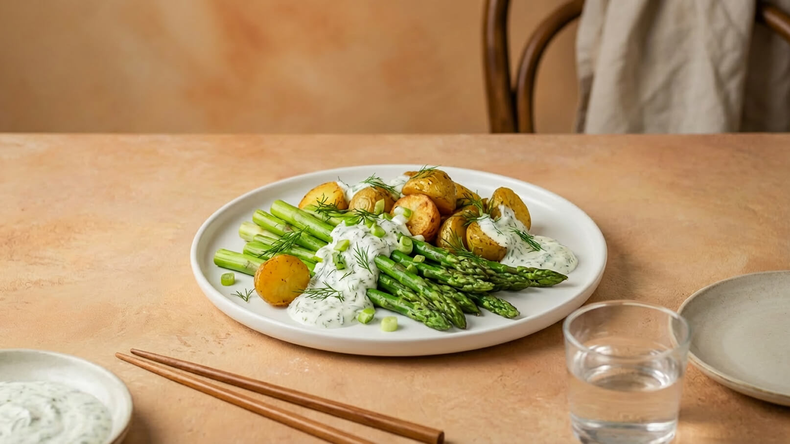 Ein Teller mit frischem grünen Spargel, kleinen, goldbraun gebratenen Kartoffeln und einer cremigen Soße, garniert mit frischem Dill und Frühlingszwiebeln. Im Hintergrund sind einfache Geschirrteile und ein Glas Wasser zu sehen.