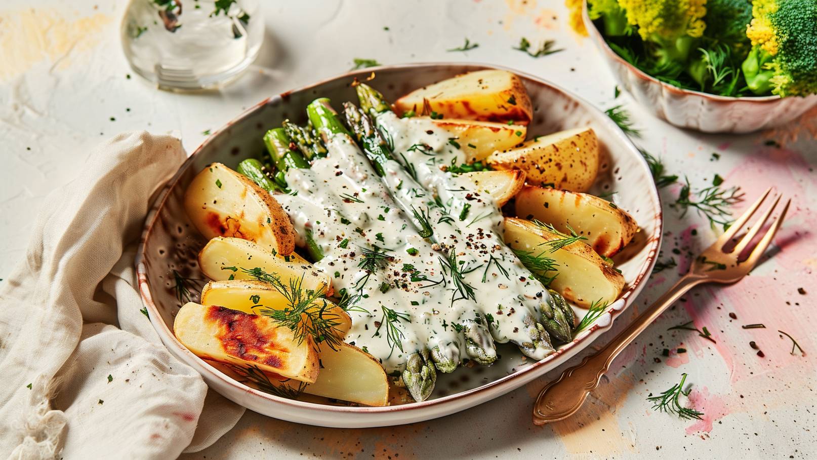 Ein Teller mit gebratenen Kartoffeln und grünen Spargeln, überzogen mit einer cremigen Sauce. Das Gericht ist mit frischem Dill und schwarzem Pfeffer garniert. Im Hintergrund ist ein Schüsselchen mit Brokkoli sichtbar.