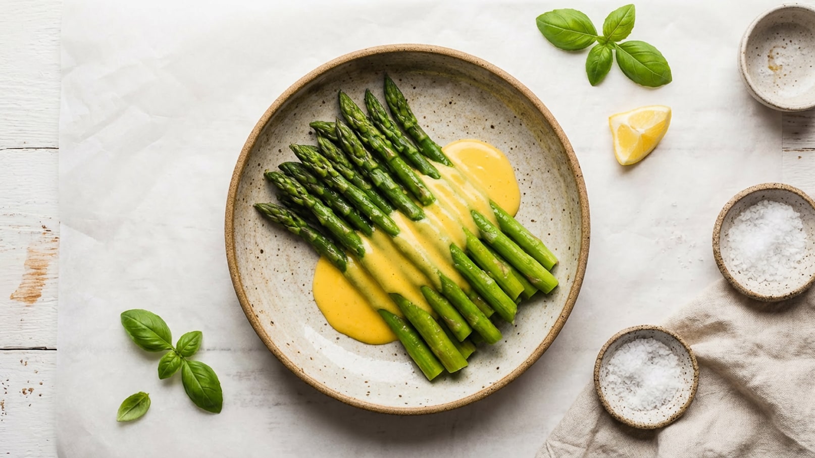Ein flacher Teller mit grünem Spargel, der mit einer cremigen, gelben Soße überzogen ist. Neben dem Teller befinden sich einige frische Basilikumblätter und eine Zitronenscheibe. Im Hintergrund sind kleine Schalen mit Salz zu sehen.