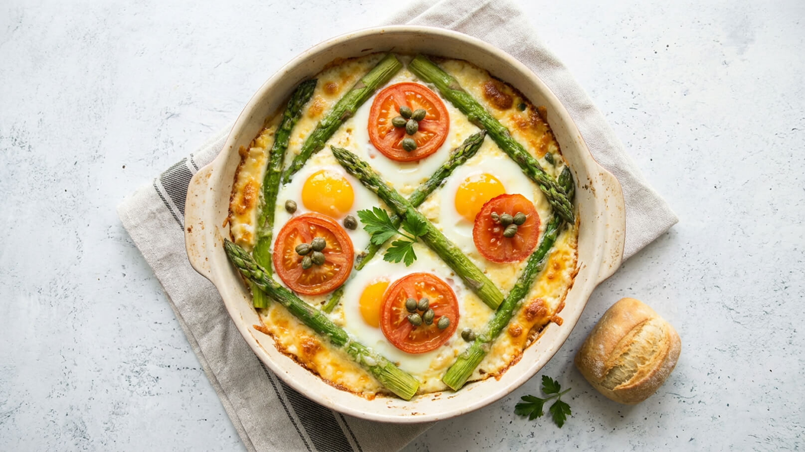 Eine quicheartige Speise mit gebackenem Spargel, Tomatenscheiben und Eigelb in einer Auflaufform. Kapern und frische Petersilie sind als Garnierung vorhanden. Dazu liegt ein kleines Brötchen auf einem Tuch.