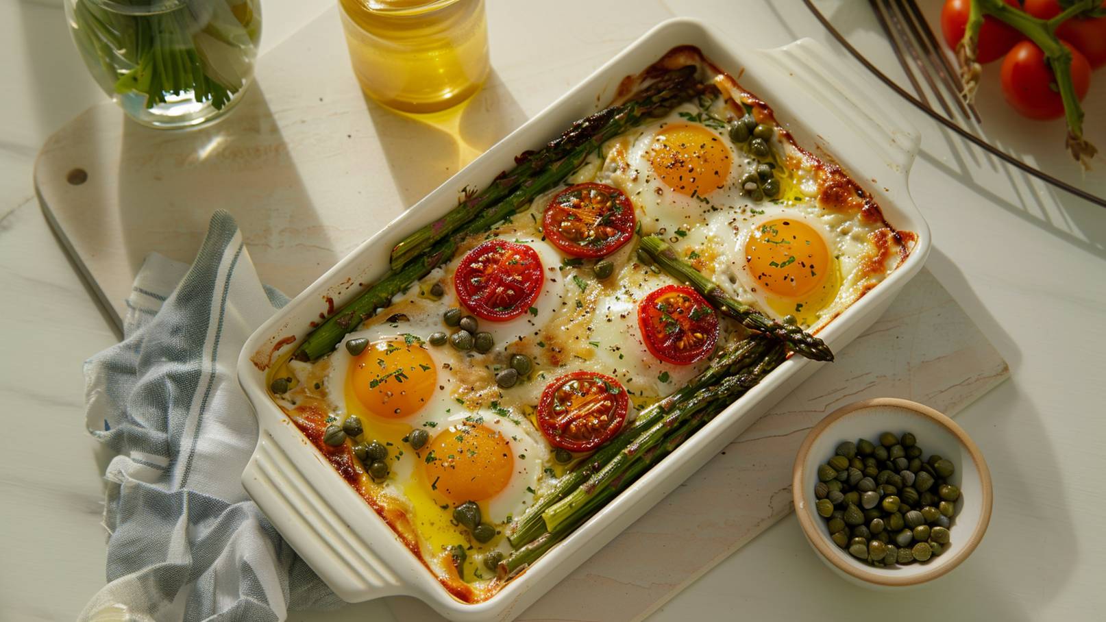 Ein Auflauf aus Eiern, grünem Spargel und Tomatenscheiben in einer weißen Auflaufform. Die Eier sind teilweise gebacken, mit einer goldenen Oberfläche. Daneben liegen Kapern und frische Kräuter. Im Hintergrund sind Olivenöl und weitere Tomaten sichtbar.