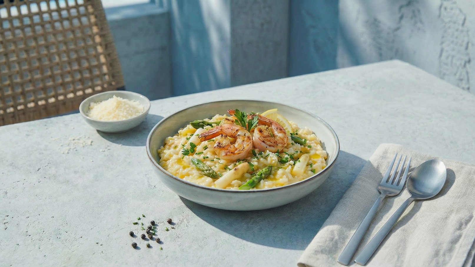 Ein Teller mit cremigem Risotto, garniert mit großen, gegrillten Garnelen, frischem Spargel und Zitronenscheiben. Daneben befindet sich eine kleine Schale mit geriebenem Käse. Besteck liegt auf einer Serviette auf dem Tisch, der hell und modern wirkt.