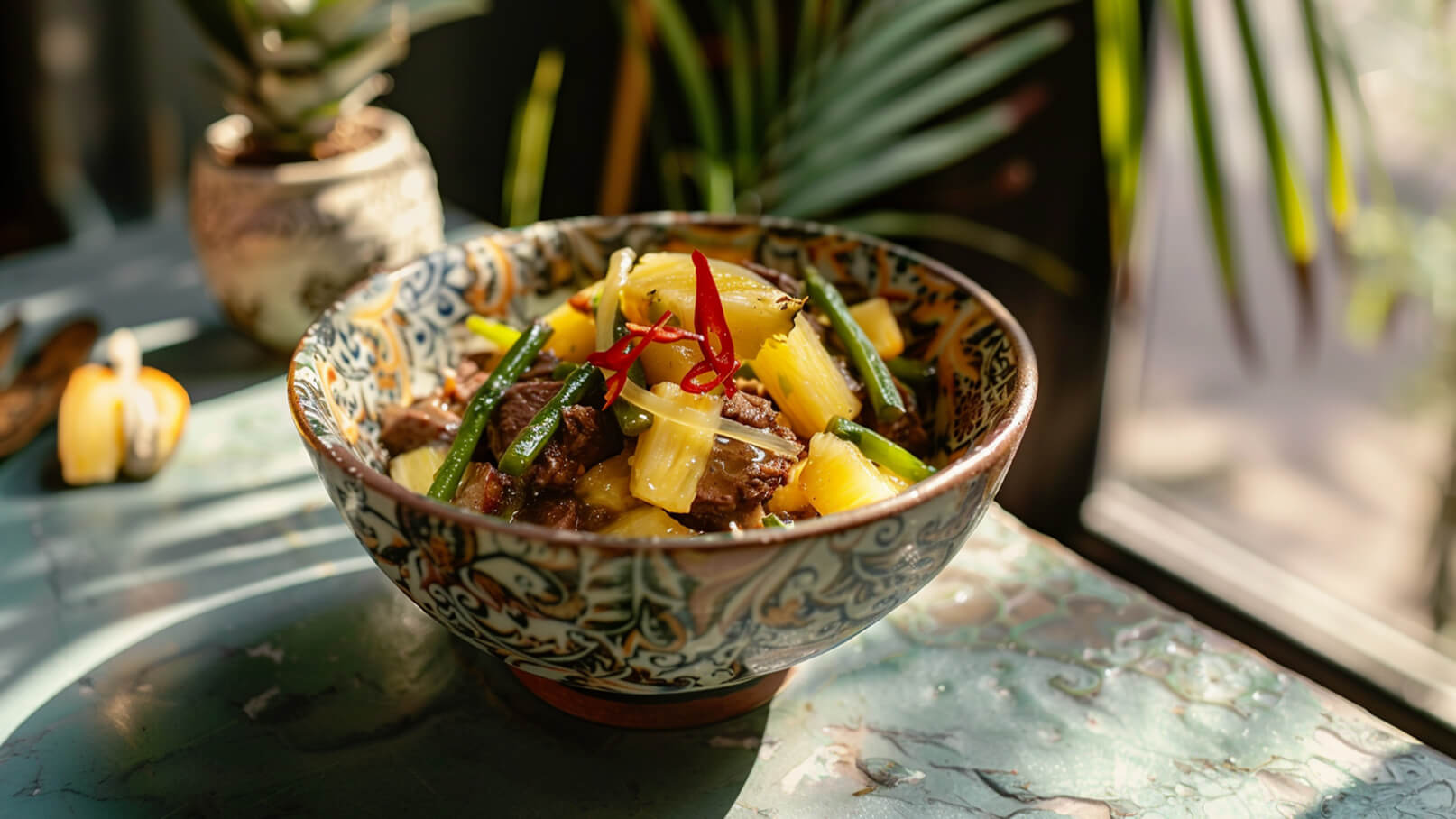 Eine bunte Schüssel mit einem Gericht aus Fleisch, Ananas, frischen grünen Bohnen und roten Chilischoten. Das Gericht ist reichhaltig und appetitlich angerichtet, umgeben von einem dekorativen Rand. Im Hintergrund sind Pflanzen und ein Lichtstrahl sichtbar.