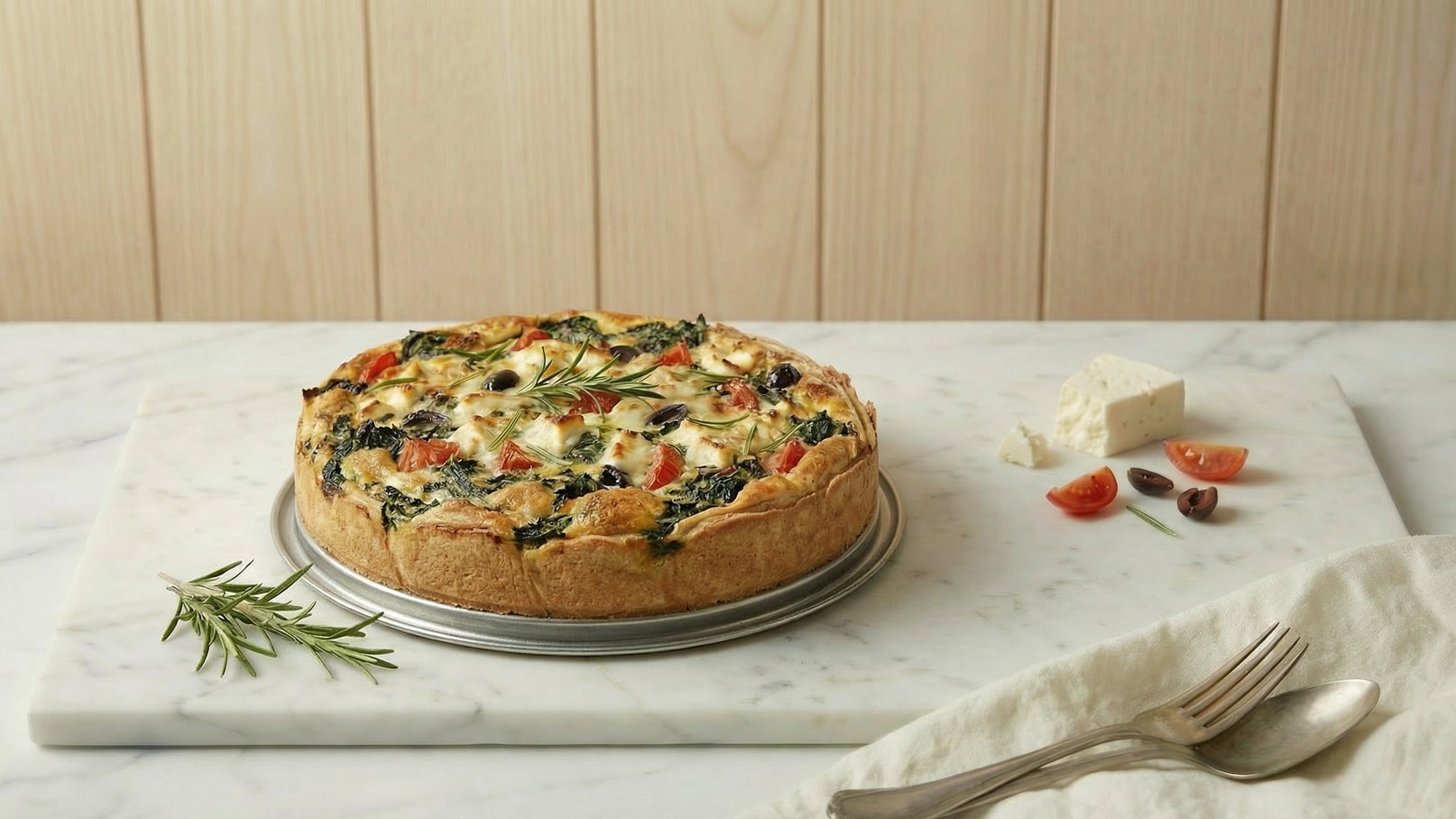 Auf einem Marmorbrett liegt eine herzhaft gefüllte Quiche mit Spinat, Tomaten und Käse, garniert mit einem Zweig Rosmarin. Neben der Quiche sind einige Kirschtomaten, schwarze Oliven und ein Stück Feta-Käse platziert, sowie Besteck auf einer weißem Serviette.