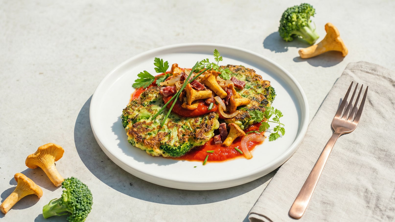 Ein Teller mit zwei knusprigen Brokkoli-Pfannkuchen, garniert mit Pilzen und einer Tomatensoße. Frische Kräuter, wie Petersilie und Schnittlauch, zieren das Gericht. Daneben liegt eine Gabel auf einem Stoffserviette und einige Brokkoli-Röschen sowie Pfifferlinge sind um den Teller herum platziert.