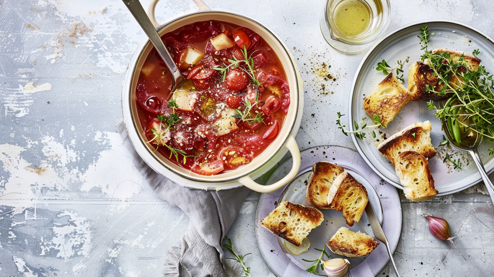 Eine Schüssel mit roter Suppe, gefüllt mit Gemüse und Kräutern, steht auf einem Tisch. Neben der Suppe liegt ein Teller mit geröstetem Brot und frischen Kräutern. Im Hintergrund ist ein Glas Öl und einige Gewürze sichtbar.