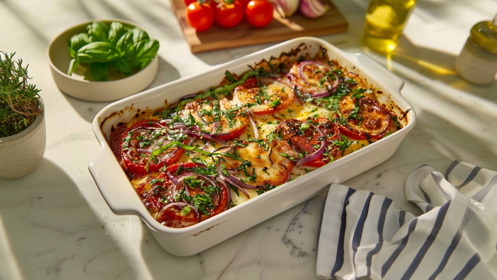 Ein gebackenes Gericht in einer weißen Auflaufform, belegt mit Tomatenscheiben, roten Zwiebeln und frischem Basilikum. Die oberste Schicht ist goldbraun und leicht knusprig. Nebenbei befindet sich eine Schüssel mit frischem Basilikum und im Hintergrund eine Holzplatte mit Tomaten und Zwiebeln.
