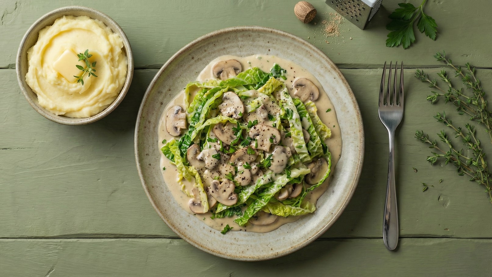 Ein Teller mit frischem Gemüse, bestehend aus Blattsalat und Champignons in einer cremigen Soße, ist angerichtet. Neben dem Hauptgericht befindet sich eine Schüssel mit Kartoffelpüree, garniert mit einem Stück Butter und frischen Kräutern.