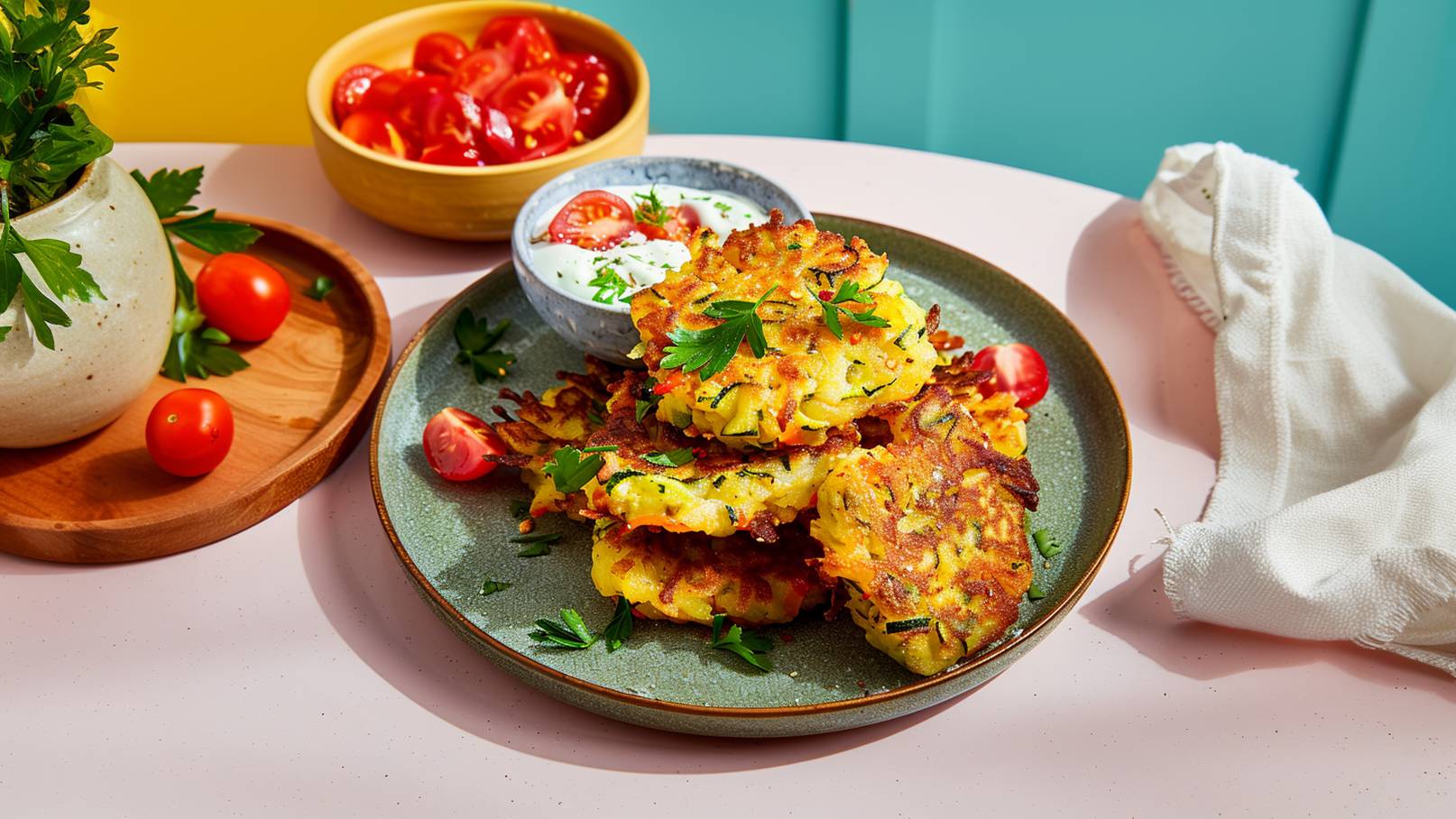 Ein Teller mit goldbraunen Kartoffelrösti, garniert mit frischer Petersilie. Daneben ein Dip aus Joghurt und kleine, halbierte Tomaten. Im Hintergrund eine Schale mit weiteren Tomaten und ein Kräutertopf.