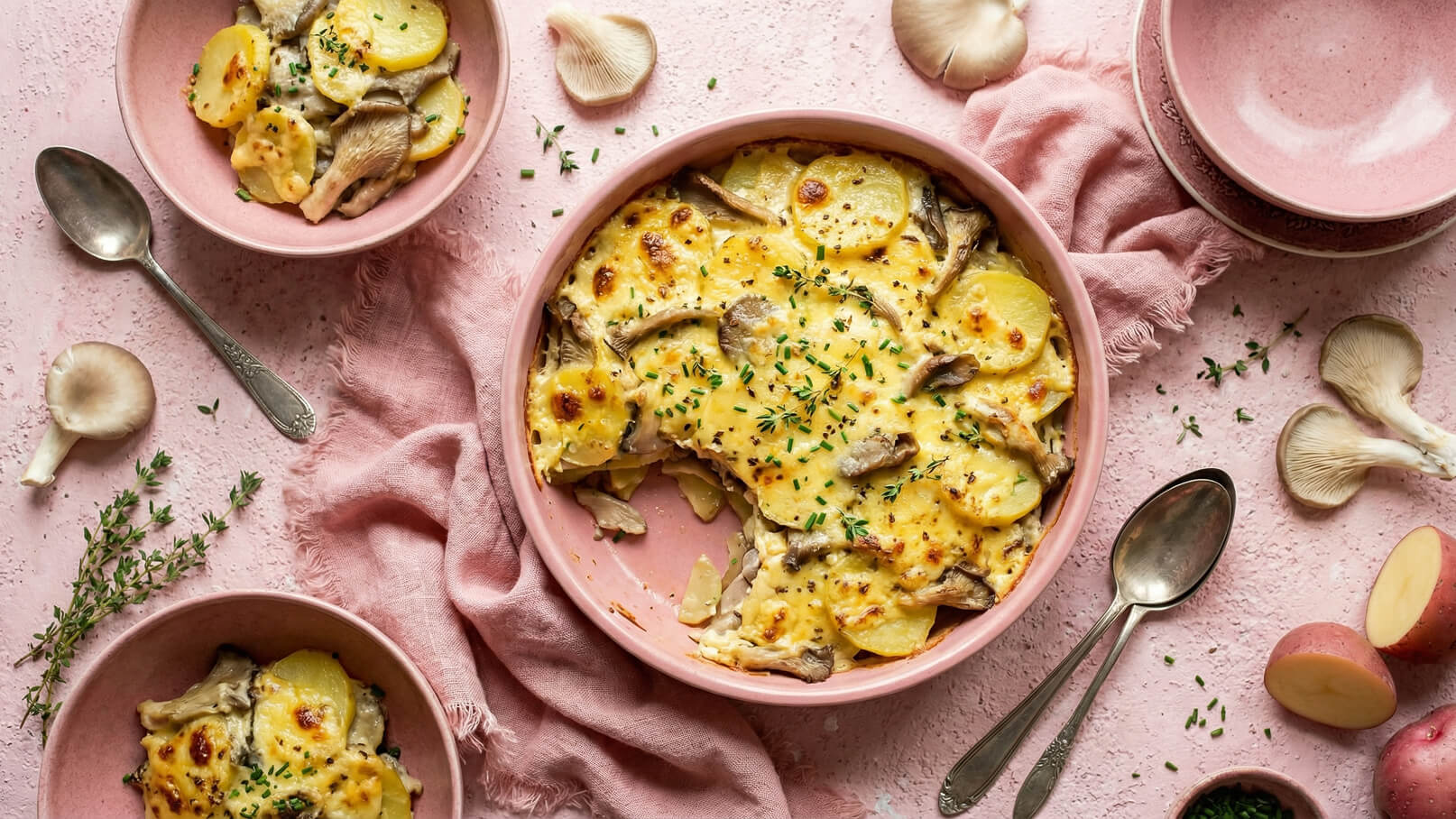 Ein herzhaftes Gericht in einer rosa Schüssel, bestehend aus Kartoffeln und Pilzen, überbacken mit Käse. Das Essen ist mit frischen Kräutern garniert. Neben der Schüssel liegen Löffel und einige Zutaten wie Kartoffeln und Pilze auf einem einheitlichen Hintergrund.
