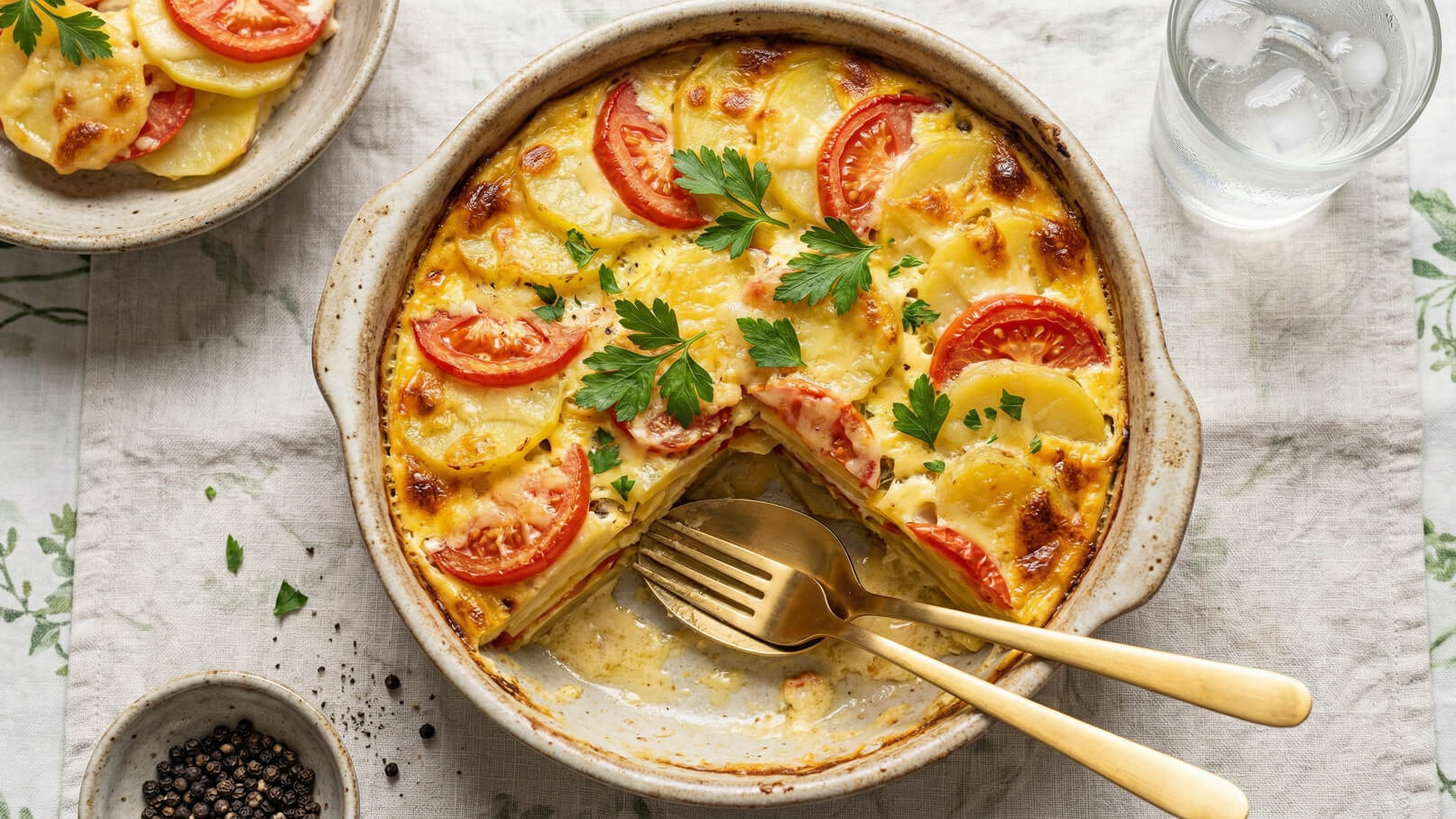 Ein Auflauf mit Kartoffeln und Tomaten, garniert mit frischer Petersilie. Ein Stück wurde bereits herausgenommen und zwei goldene Gabeln liegen bereit. Im Hintergrund befindet sich eine kleine Schüssel mit Pfeffer. Der Hintergrund ist ein gemusterter Tischläufer.