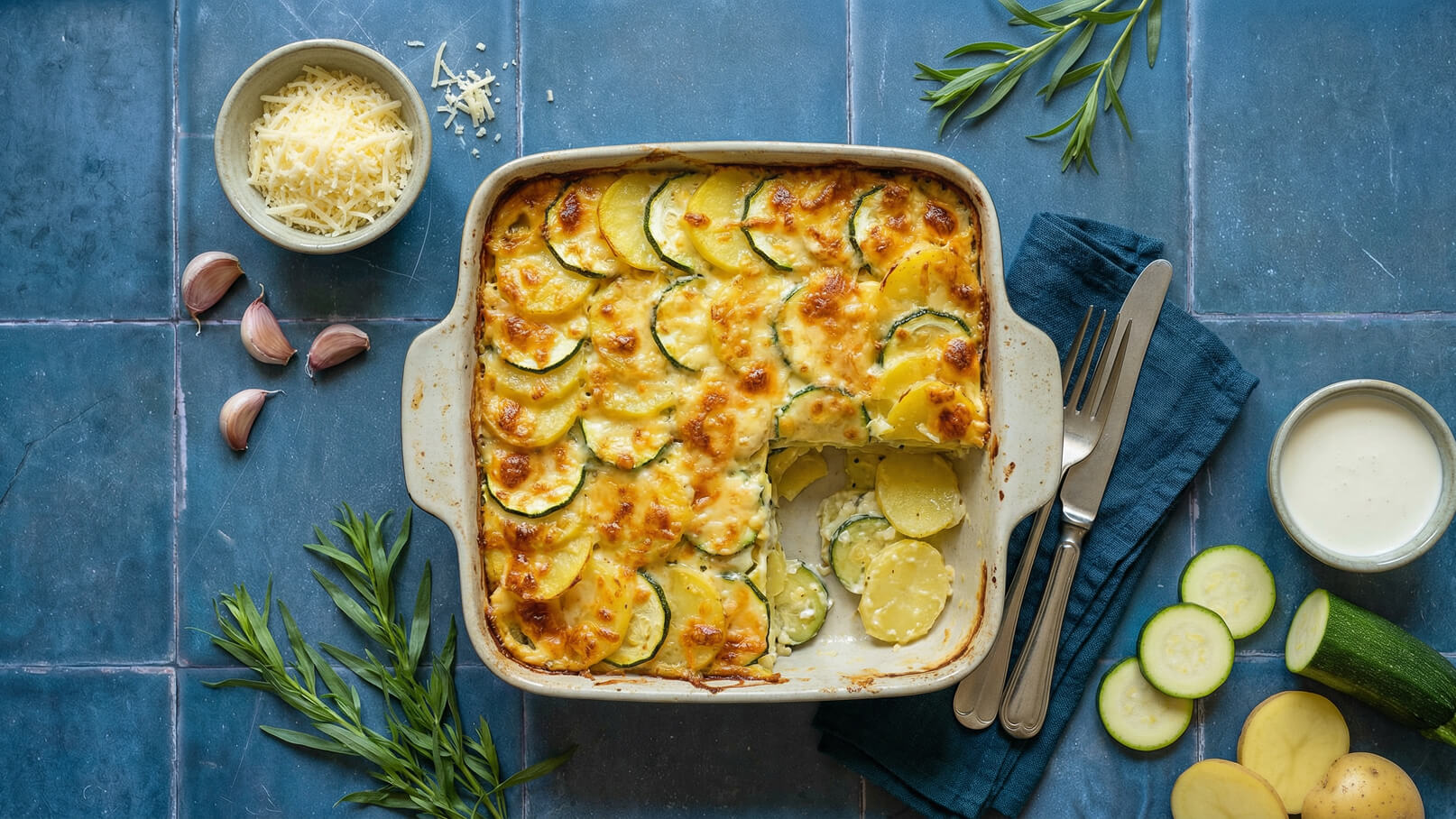 Ein Auflauf mit geschichteten Zucchini und Kartoffeln, überbacken mit Käse. Daneben liegen etwas geriebener Käse, Knoblauchzehen und frische Kräuter auf einem blauen Untergrund. Eine Portion des Auflaufs wurde entnommen, sodass die Schichten sichtbar sind.